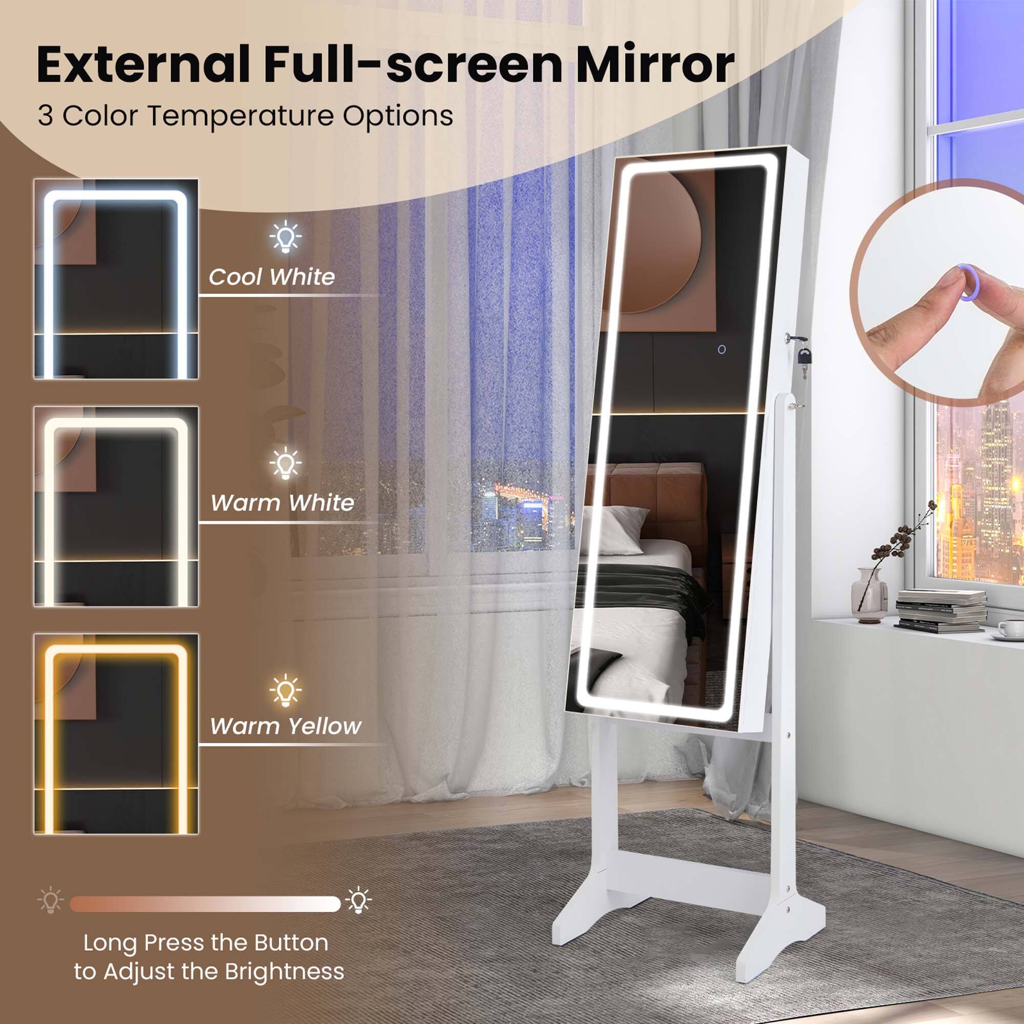 External Full-screen Mirror

3 Color Temperature Options

- Cool White
- Warm White
- Warm Yellow

Long Press the Button to Adjust the Brightness
