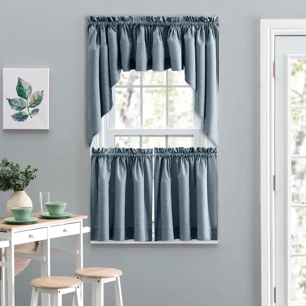 Left. Ellis Curtain - Ellis Lisa Solid Color Premium Poly Cotton Duck Fabric Tailored Tiers 56"x24" Dusty Blue - 56"x24" - Dusty blue.