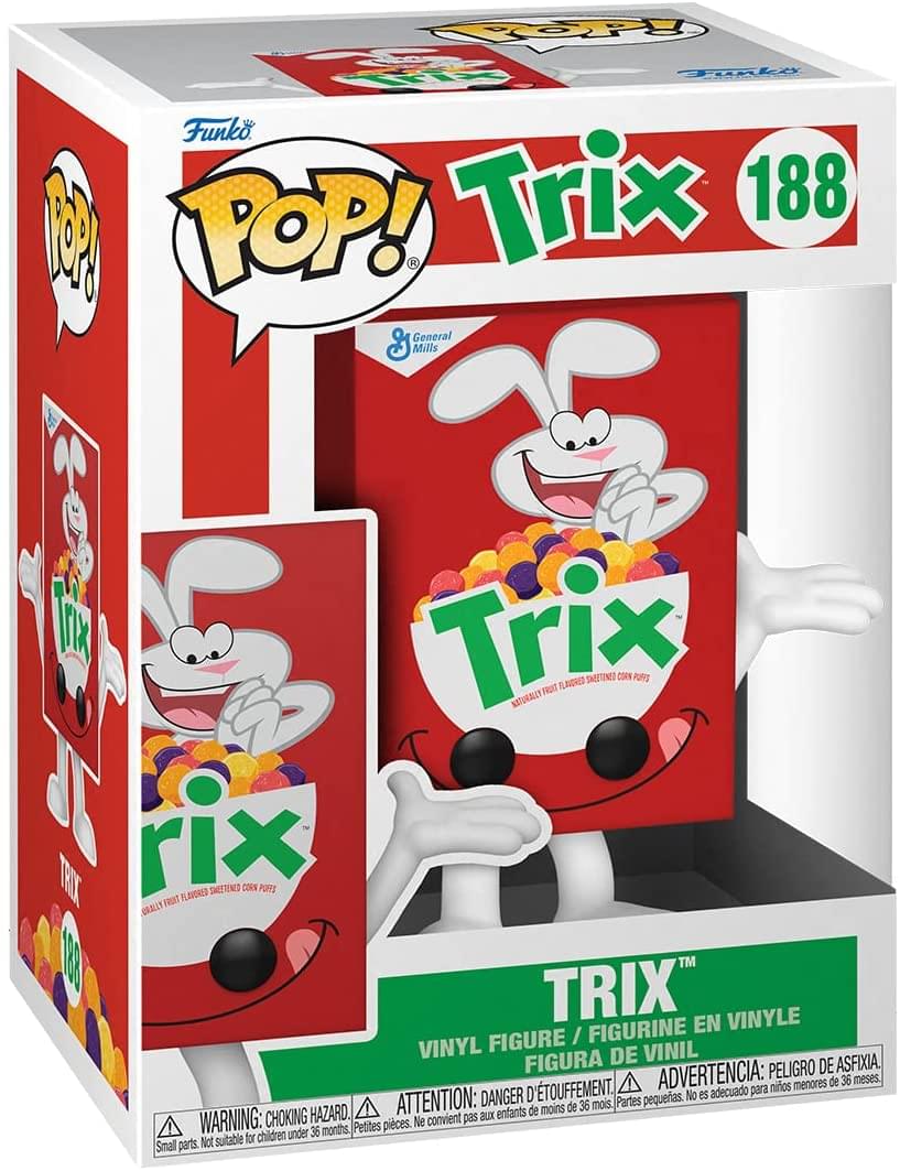 Sure, here is the corrected and grouped text from the image:

---

**Front of the Box:**

- **Funko POP!**
- **Trix 188**
- **General Mills**
- **Naturally Flavored Sweetened Corn Puffs**
- **Vinyl Figure / Figurine en Vinyle / Figura de Vinil**

**Warnings:**

- **WARNING: CHOKING HAZARD. Small parts. Not suitable for children under 36 months.**
- **ATTENTION: DANGER D'ÉTOUFFEMENT. Petites pièces. Ne convient pas aux enfants de moins de 36 mois.**
- **ADVERTENCIA: PELIGRO DE ASFIXIA. Partes pequeñas. No es adecuado para niños menores de 36 meses.**

**Side of the Box:**

- **Funko POP!**
- **Trix 188**
- **Naturally Flavored Sweetened Corn Puffs**

**Bottom of the Box:**

- **TRIX™**
- **Vinyl Figure / Figurine en Vinyle / Figura de Vinil**
- **WARNING: CHOKING HAZARD. Small parts.