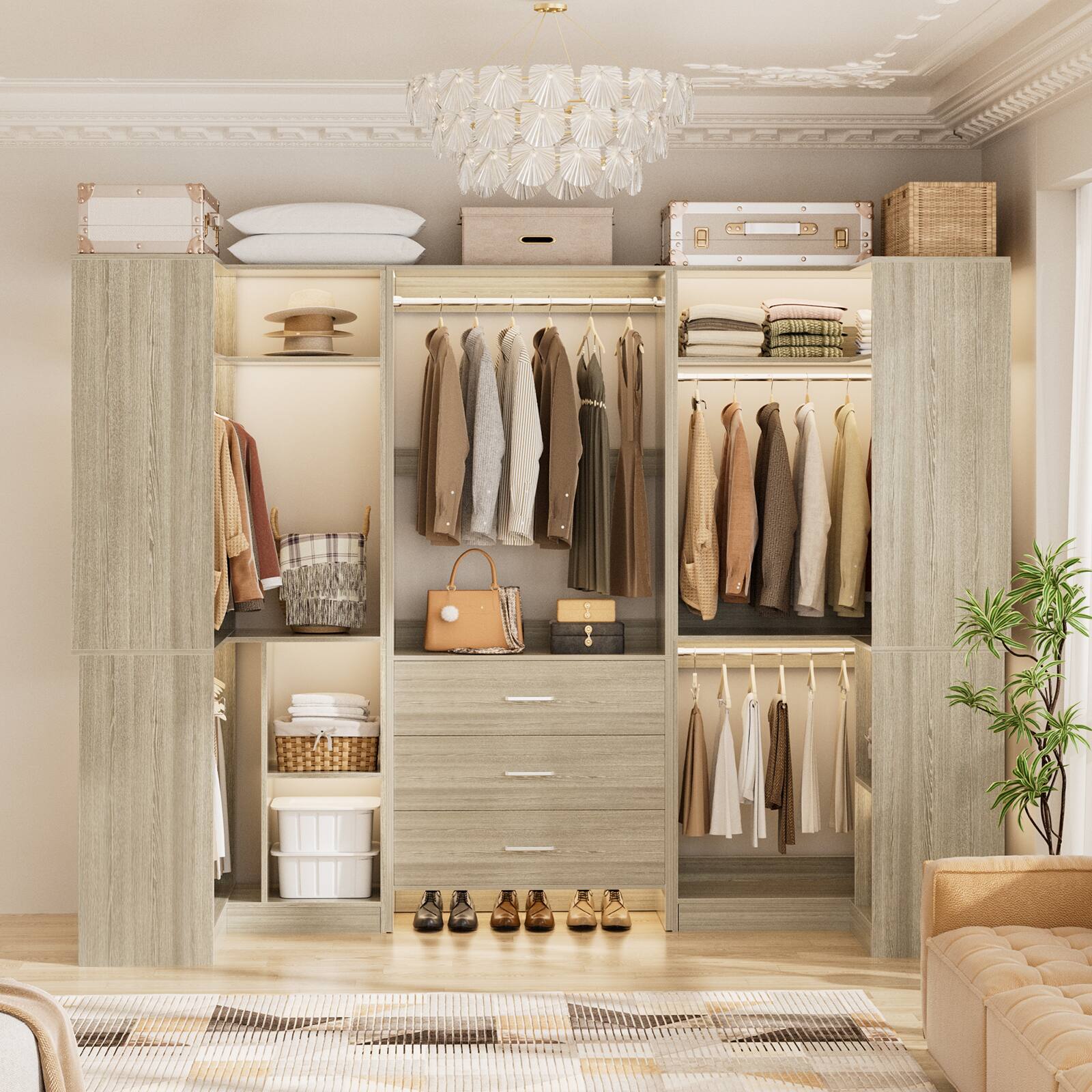 Alt View 2. Aheaplus - 88.8'' With U-Shaped Closet System, Walk-in Wardrobe System with 3 Drawers and 5 Hanging Rods, Set of 3 - Beige Oak.