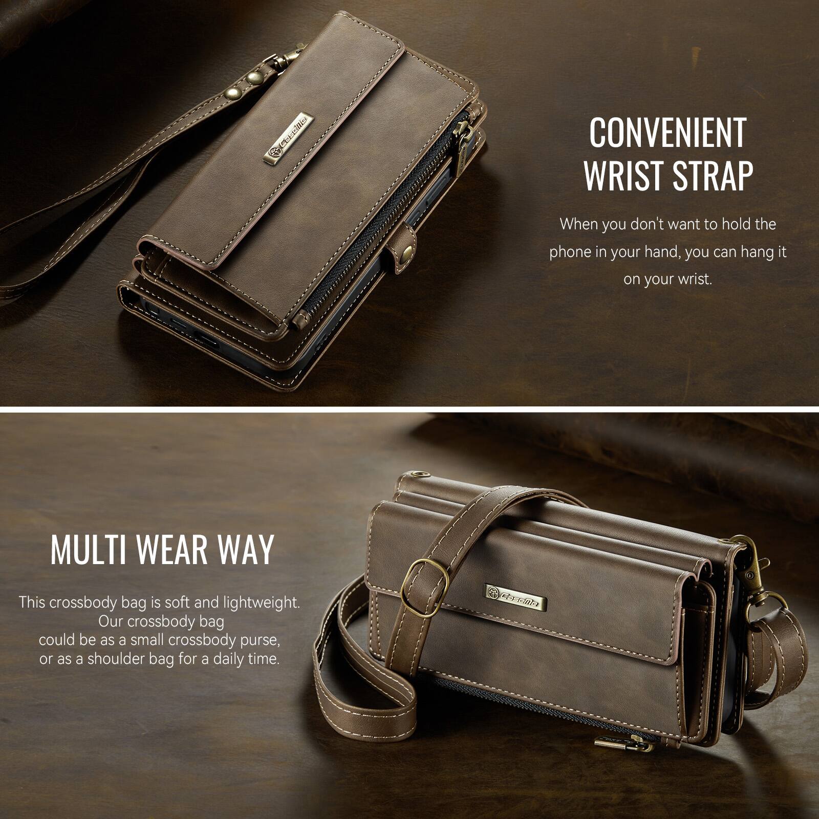 CONVENIENT WRIST STRAP  
When you don't want to hold the phone in your hand, you can hang it on your wrist.  

MULTI WEAR WAY  
This crossbody bag is soft and lightweight. Our crossbody bag could be as a small crossbody purse, or as a shoulder bag for a daily time.
