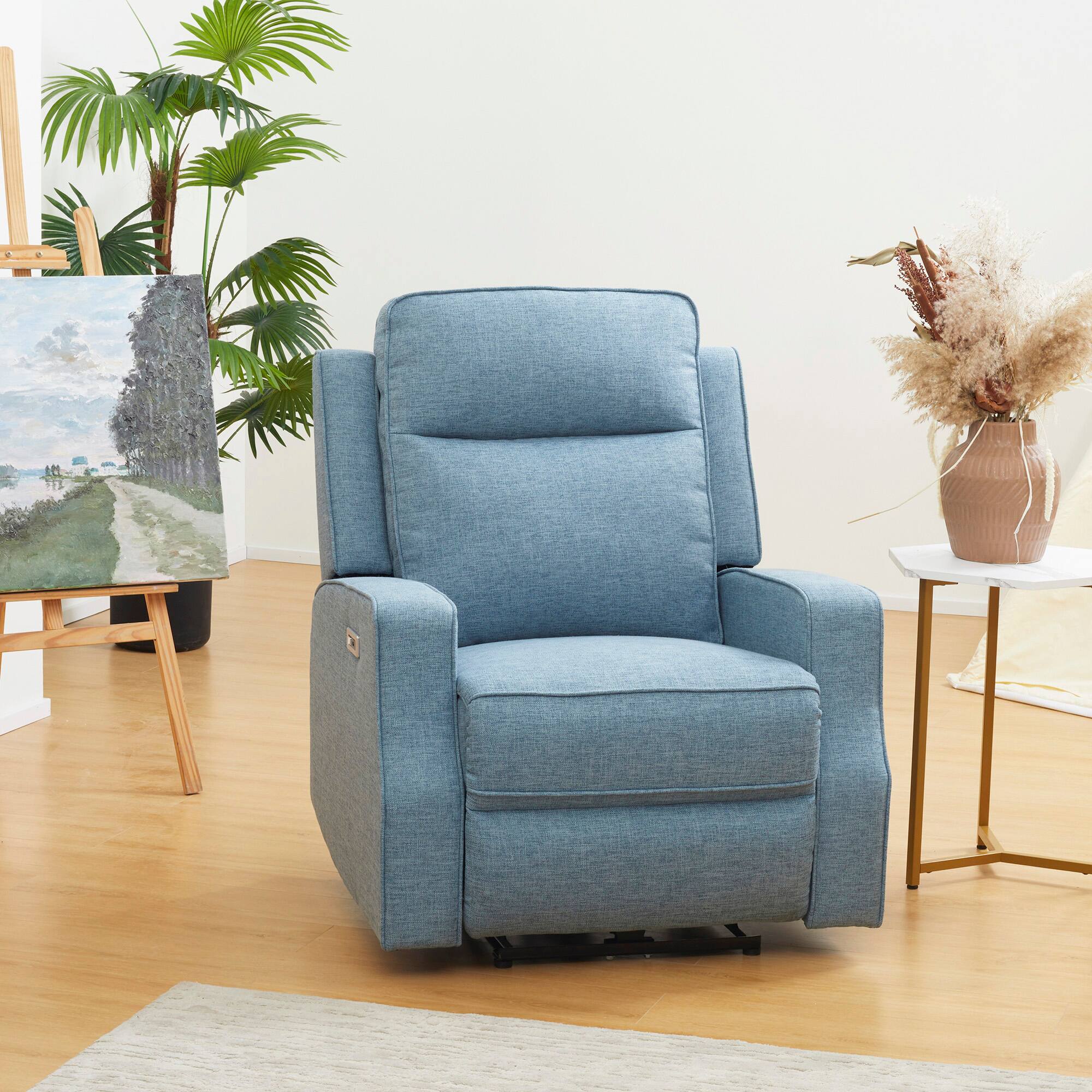 Angle. Homcom - Electric Power Recliner, Wall Hugger Armchair with USB Charging Station, Sofa Recliner with Linen Upholstered Seat - Blue.