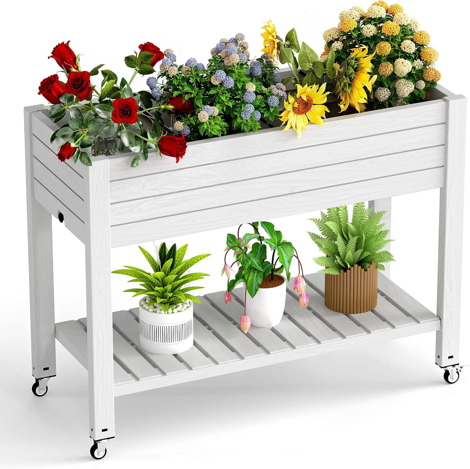 Yardgrace - Elevated Divisible Resin Planter Box with Lockable Wheels Storage Shelf for Patio, Balcony, Backyard