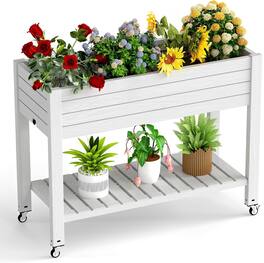 Yardgrace - Elevated Divisible Resin Planter Box with Lockable Wheels Storage Shelf for Patio, Balcony, Backyard