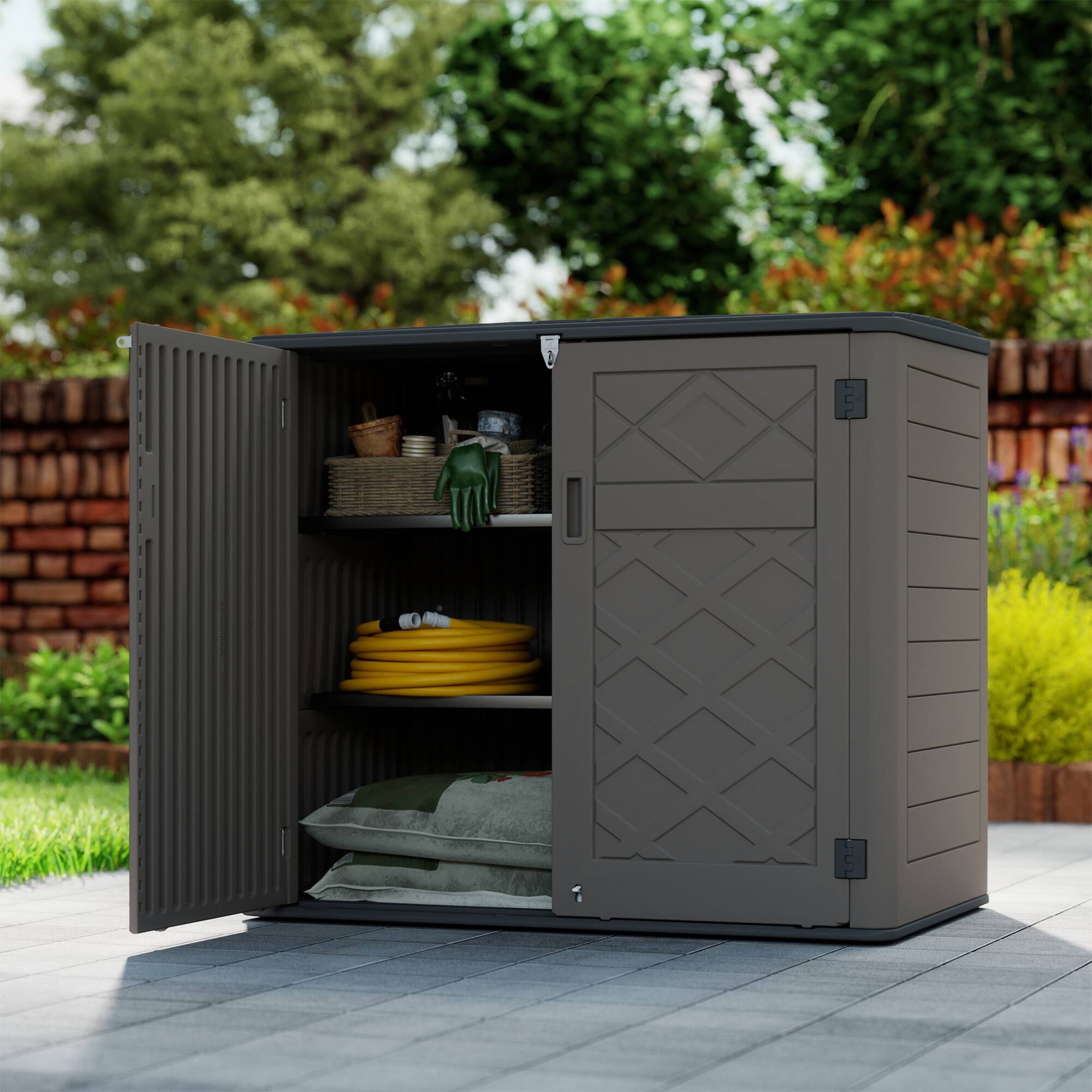 Alt View 6. Yardgrace - Outdoor Storage Shed 358 Gal. 53.15 in. x 33.07 in. x 46.85 in.Resin Large Waterproof Deck Box Shed with 2 shelves. - Brown.