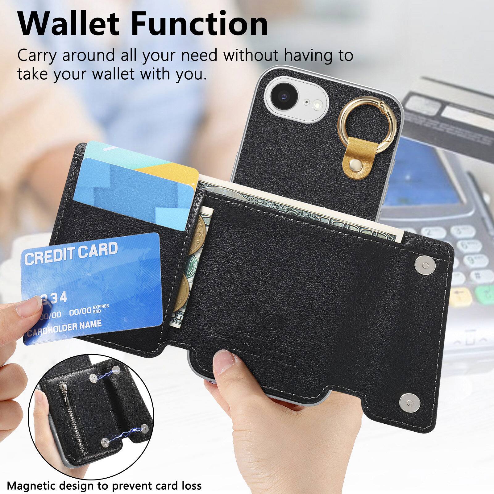 Wallet Function  
Carry around all your need without having to take your wallet with you.  

CREDIT CARD  
34  
EXPIRES 00/00  
END 00/00  
CARDHOLDER NAME  

Magnetic design to prevent card loss