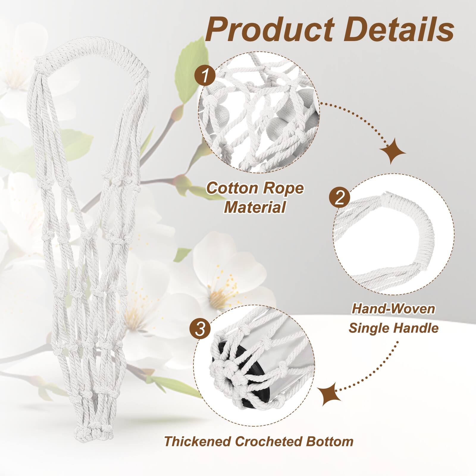 Product Details  
1. Cotton Rope Material  
2. Hand-Woven Single Handle  
3. Thickened Crocheted Bottom