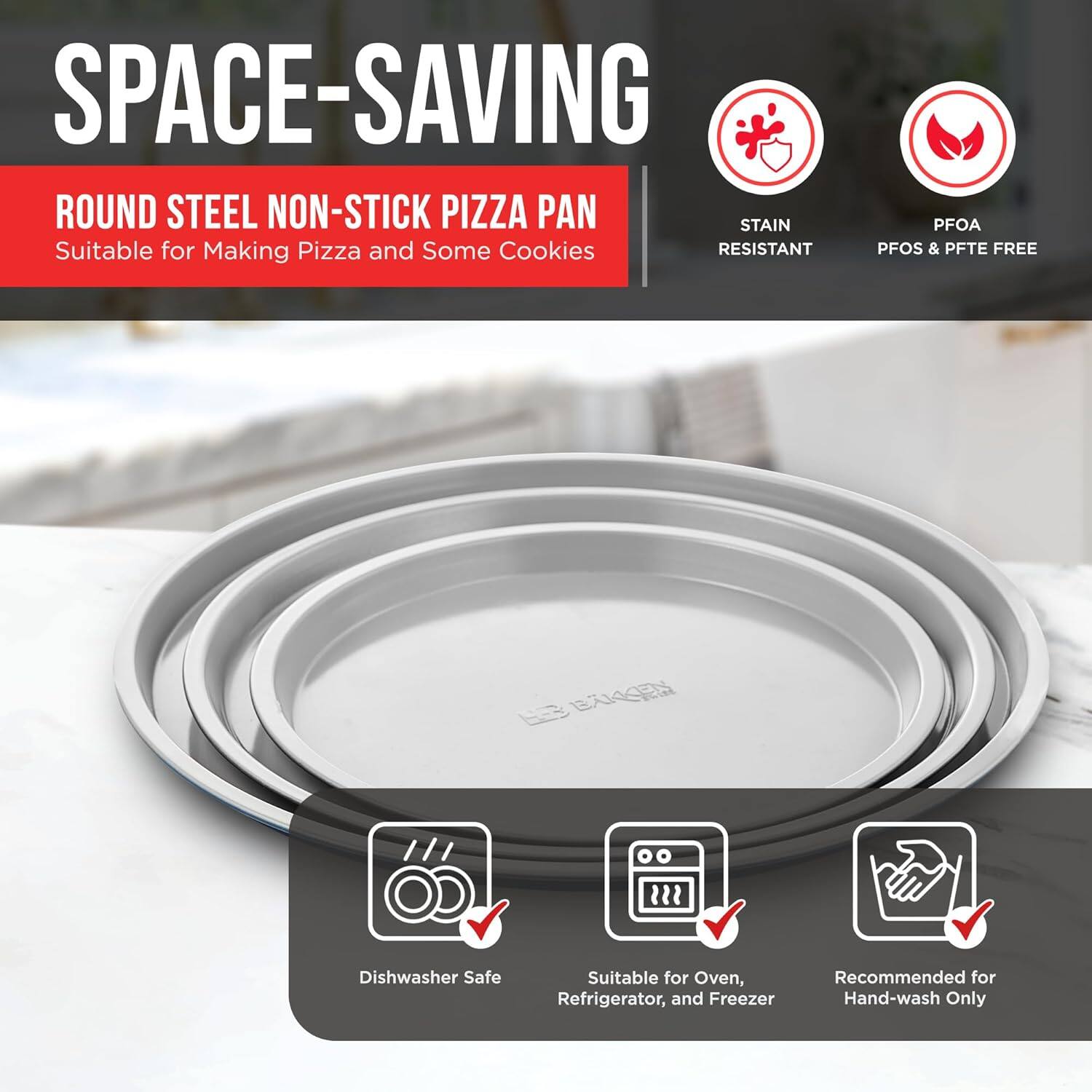 SPACE-SAVING ROUND STEEL NON-STICK PIZZA PAN Suitable for Making Pizza and Some Cookies STAIN RESISTANT PFOA PFOS & PFTE FREE Dishwasher Safe Suitable for Oven, Refrigerator, and Freezer Recommended for Hand-wash Only