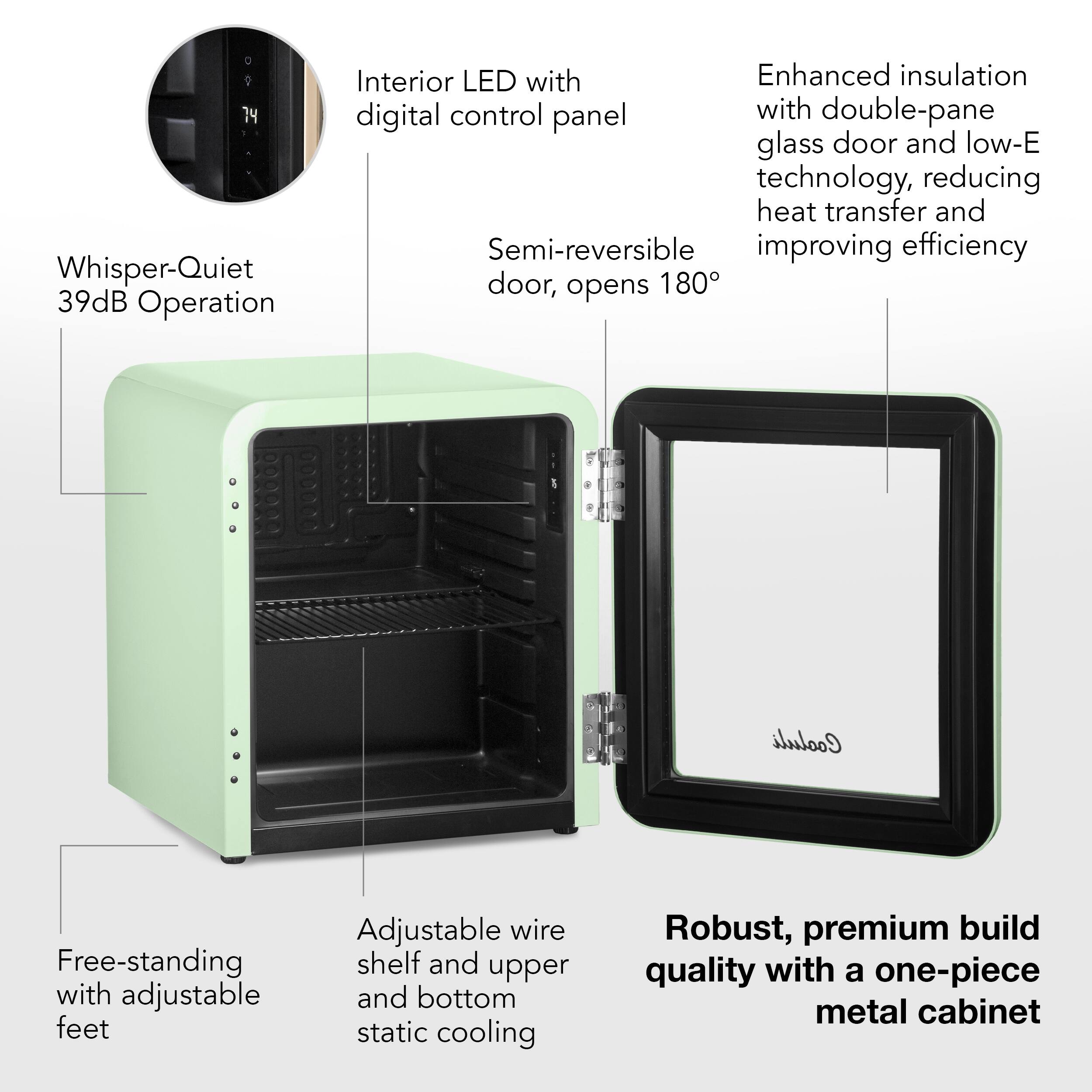 The image features a refrigerator with a digital control panel and a double-pane glass door. The refrigerator is designed with energy-saving features, such as low-E technology, which reduces heat transfer. The interior of the refrigerator is equipped with LED lighting and has a semi-reversible door that improves efficiency. The refrigerator is also built with a one-piece metal cabinet, ensuring durability and robustness. The refrigerator is designed to be whisper-quiet, with an operation noise level of only 39 dB. Additionally, the refrigerator has an adjustable wire shelf and static cooling features for optimal performance.