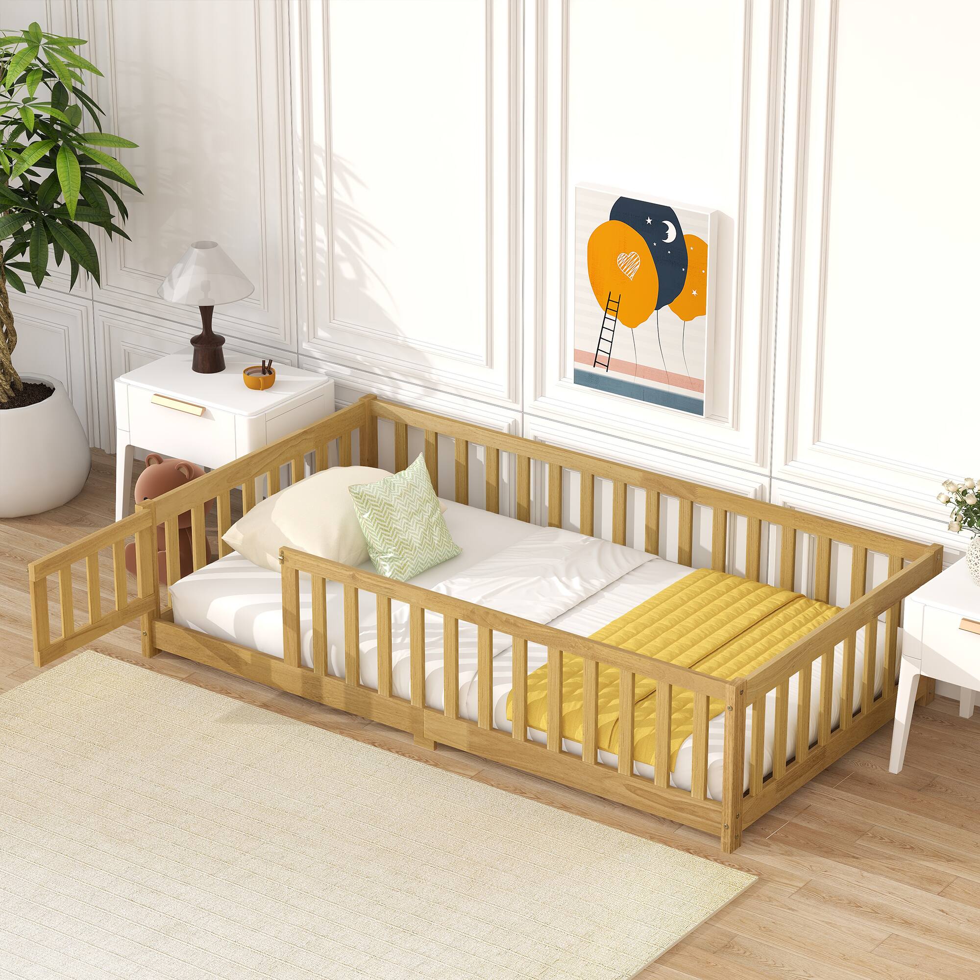 Angle. Tiramisubest - Twin Size Floor Bed with Fence and Door,Rubber Wood Floor Bed with Safety Guardrails,Natural - Natural.