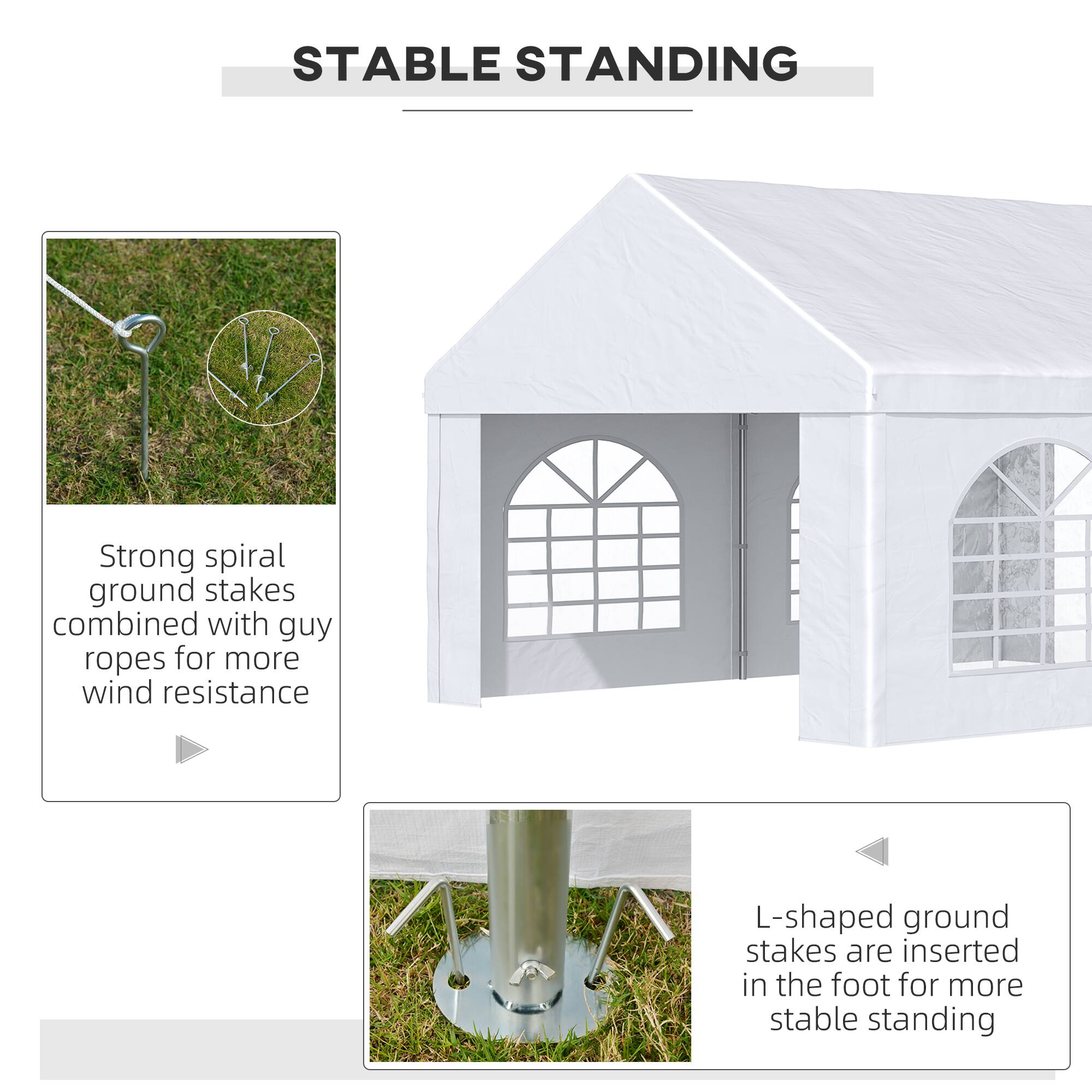 STABLE STANDING

1. Strong spiral ground stakes combined with guy ropes for more wind resistance
2. L-shaped ground stakes are inserted in the foot for more stable standing