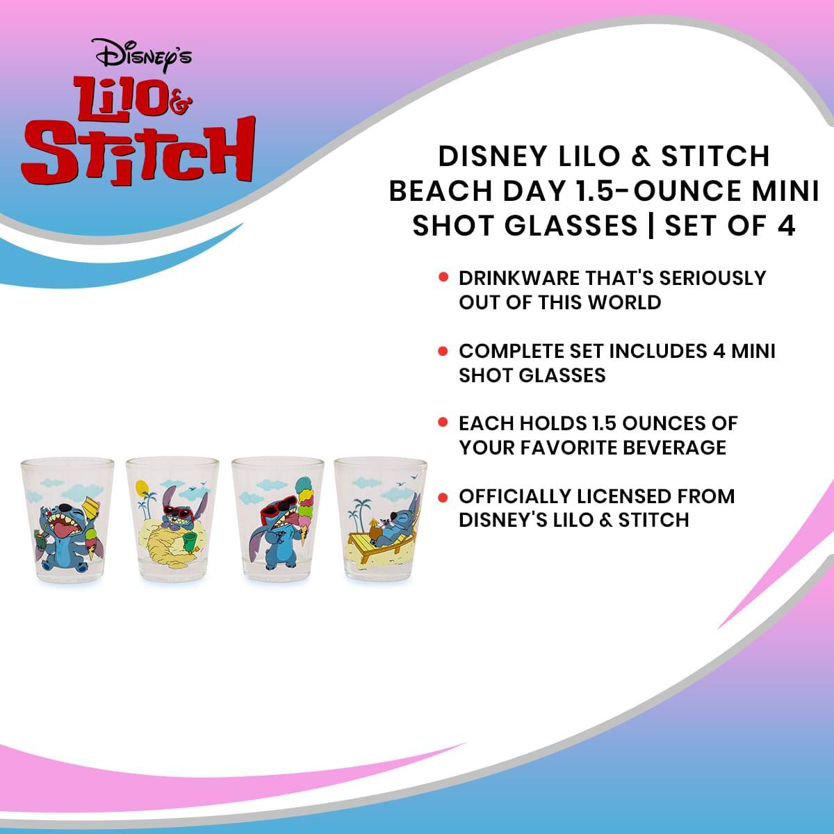 Disney's Lilo & Stitch

Disney Lilo & Stitch Beach Day 1.5-Ounce Mini Shot Glasses | Set of 4

- Drinkware that's seriously out of this world
- Complete set includes 4 mini shot glasses
- Each holds 1.5 ounces of your favorite beverage
- Officially licensed from Disney's Lilo & Stitch
