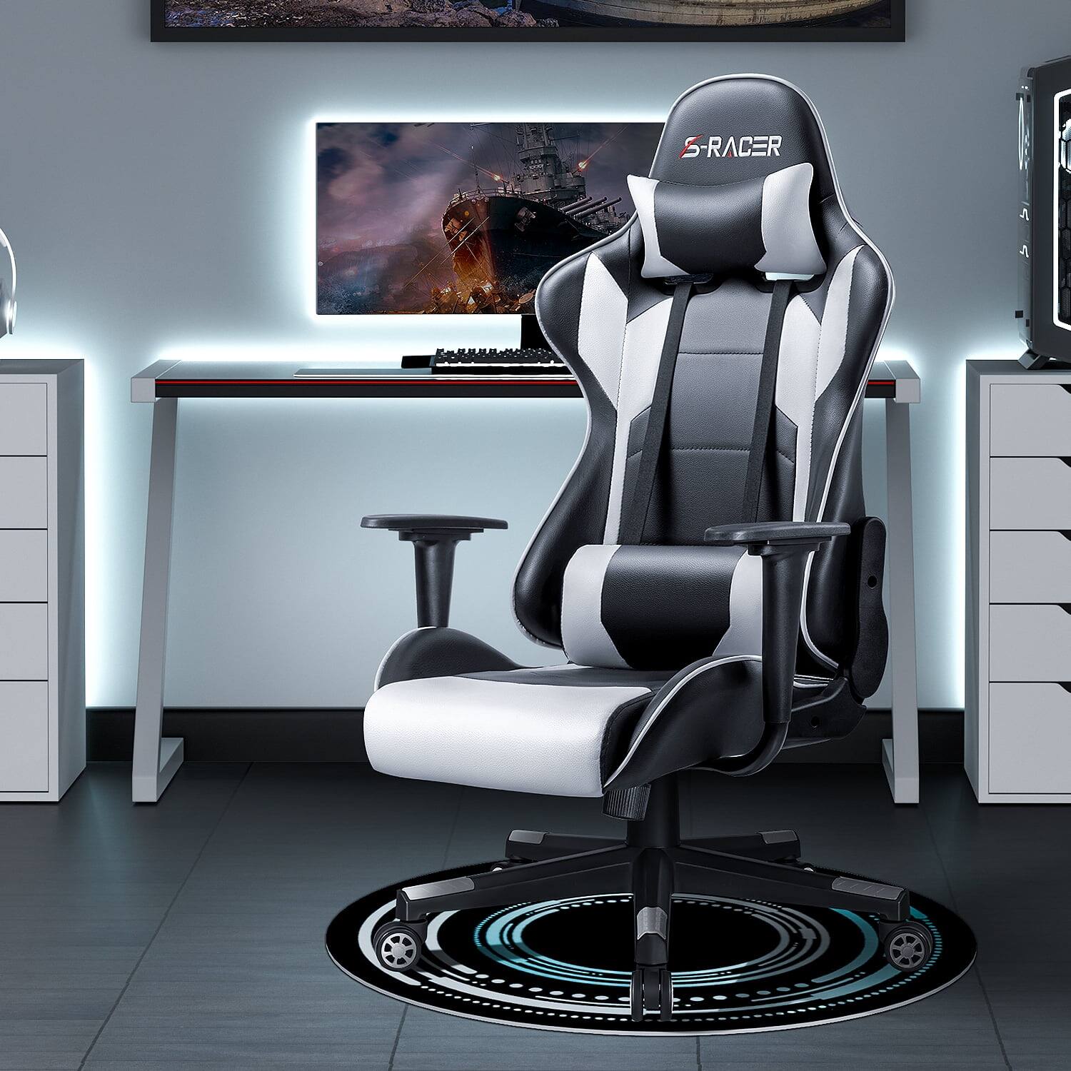 Angle. Homall - Adjustable Ergonomic High Back Lumbar Support Swivel Gaming Chair - WHITE.