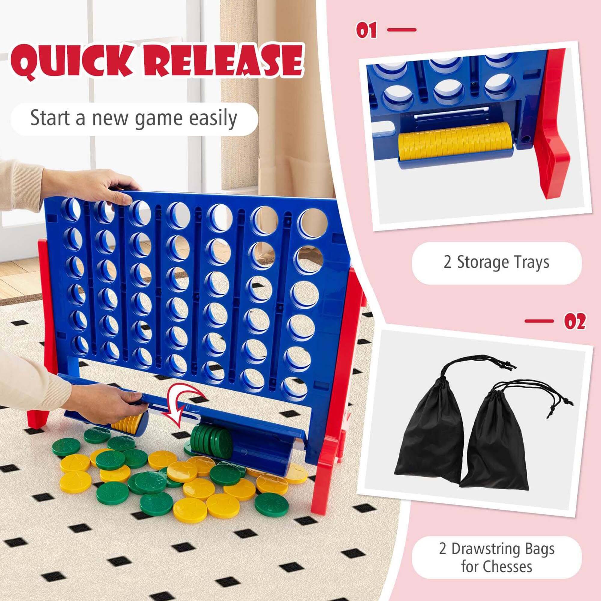01 QUICK RELEASE Start a new game easily 2 Storage Trays 02 2 Drawstring Bags for Chesses