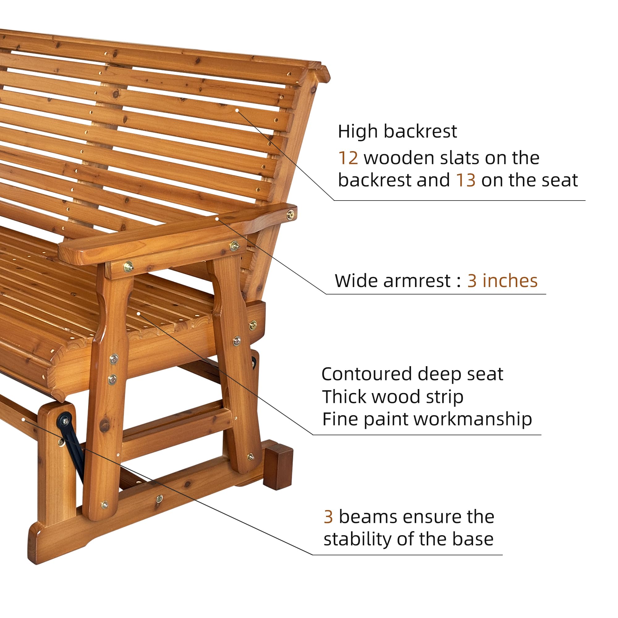 - High backrest
- 12 wooden slats on the backrest and 13 on the seat
- Wide armrest: 3 inches
- Contoured deep seat
- Thick wood strip
- Fine paint workmanship
- 3 beams ensure the stability of the base