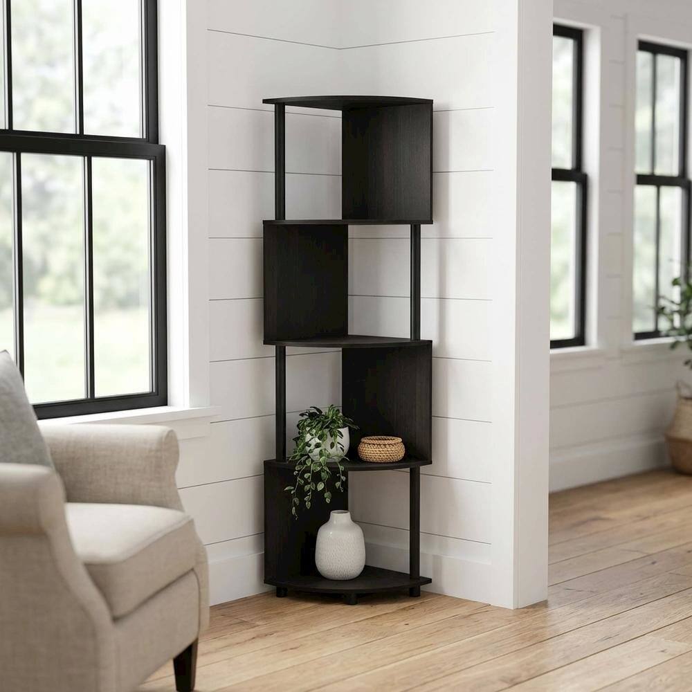 Angle. FurniFact - Espresso and Black 4-Tier Z-Shaped Corner Shelf Bookcase with Wooden Finish - Espresso/Black.