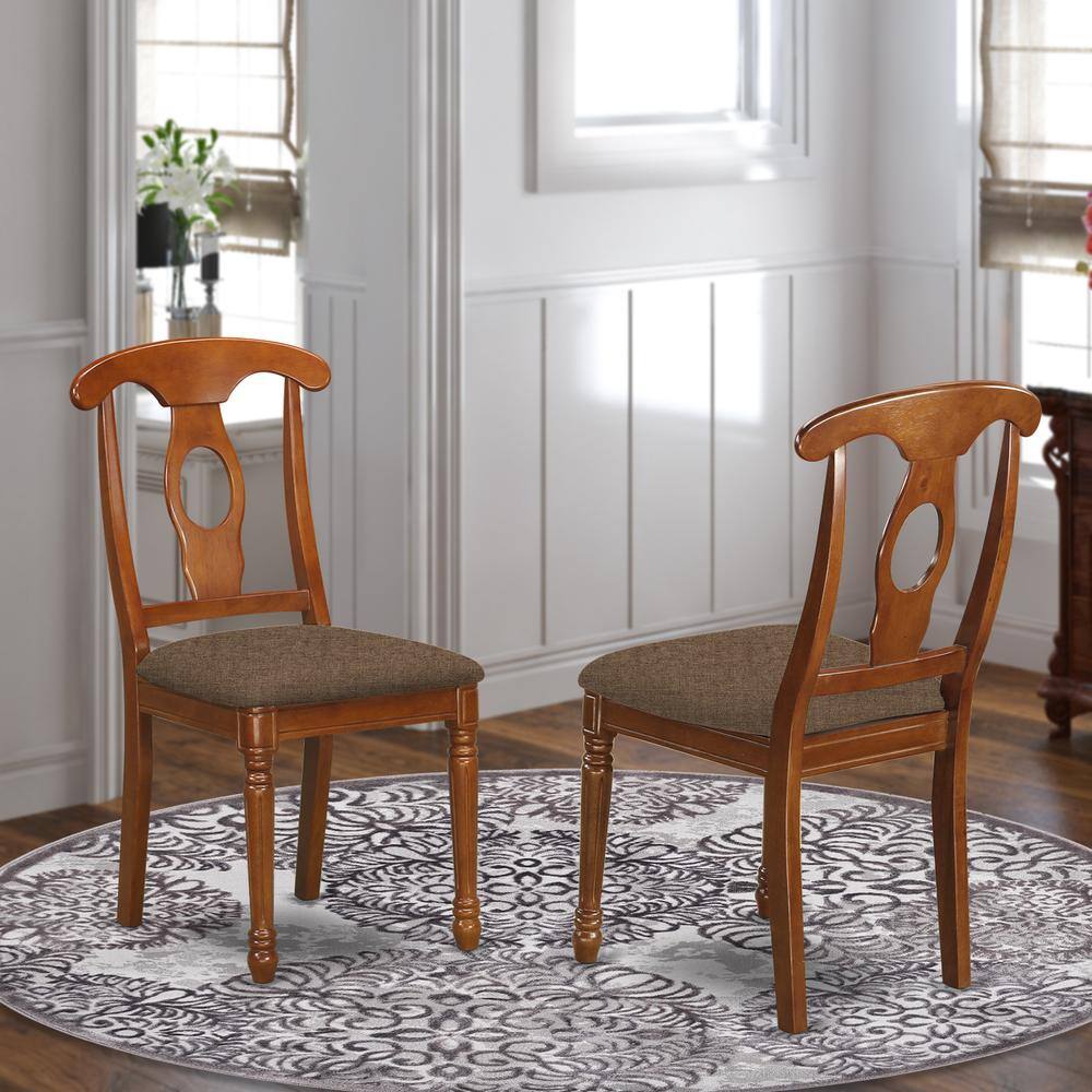 Angle. East West Furniture - NAC-SBR-C Napoleon styled kitchen chair with Fabric seat - Saddle Brown.