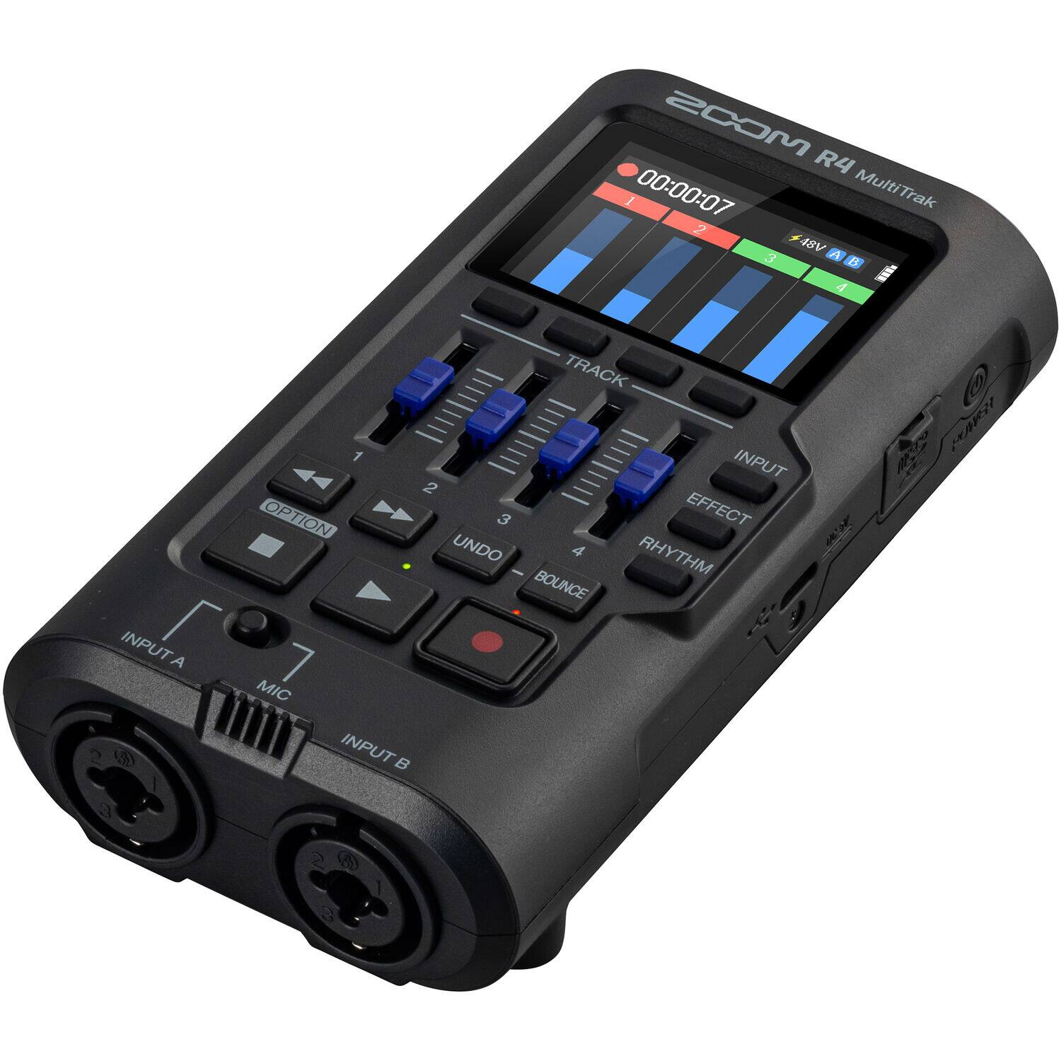20OM R4 / 00:00:07 MultiTrak 2 48V A 3 2 I 4 INPUT A TRACK 1 INPUT 2 OPTION 3 EFFECT UNDO 4 RHYTHM - BOUNCE 7 MIC INPUT B