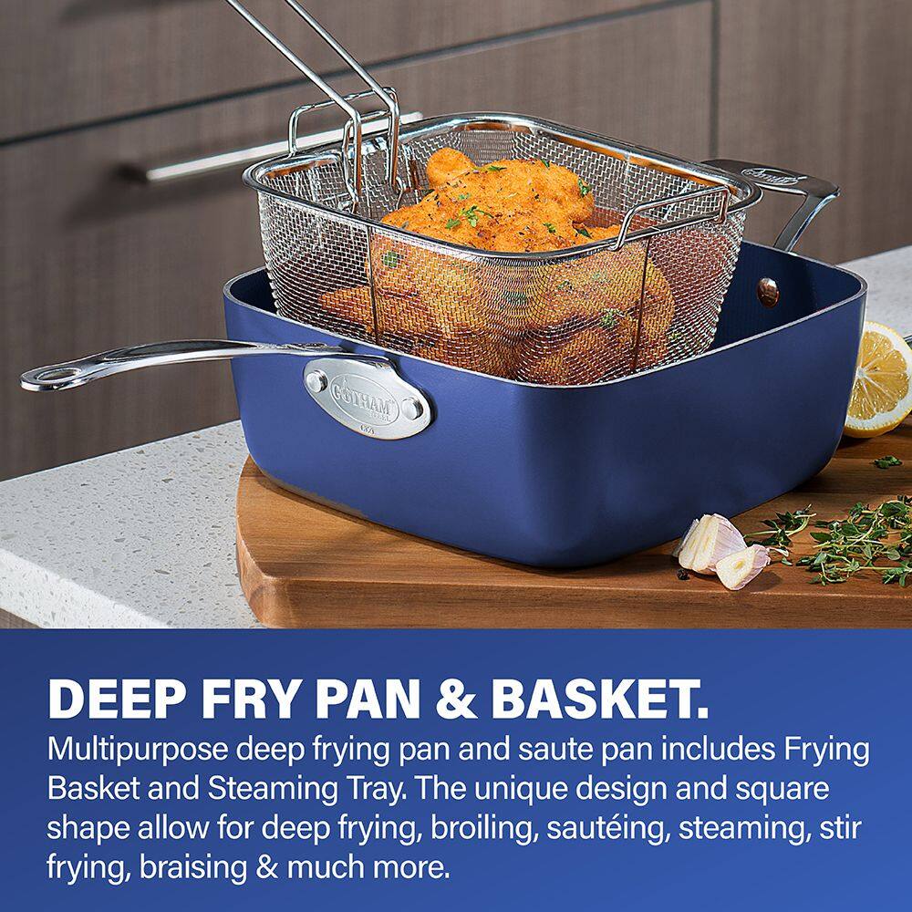 DEEP FRY PAN & BASKET. Multipurpose deep frying pan and saute pan includes Frying Basket and Steaming Tray. The unique design and square shape allow for deep frying, broiling, sautéing, steaming, stir frying, braising & much more.