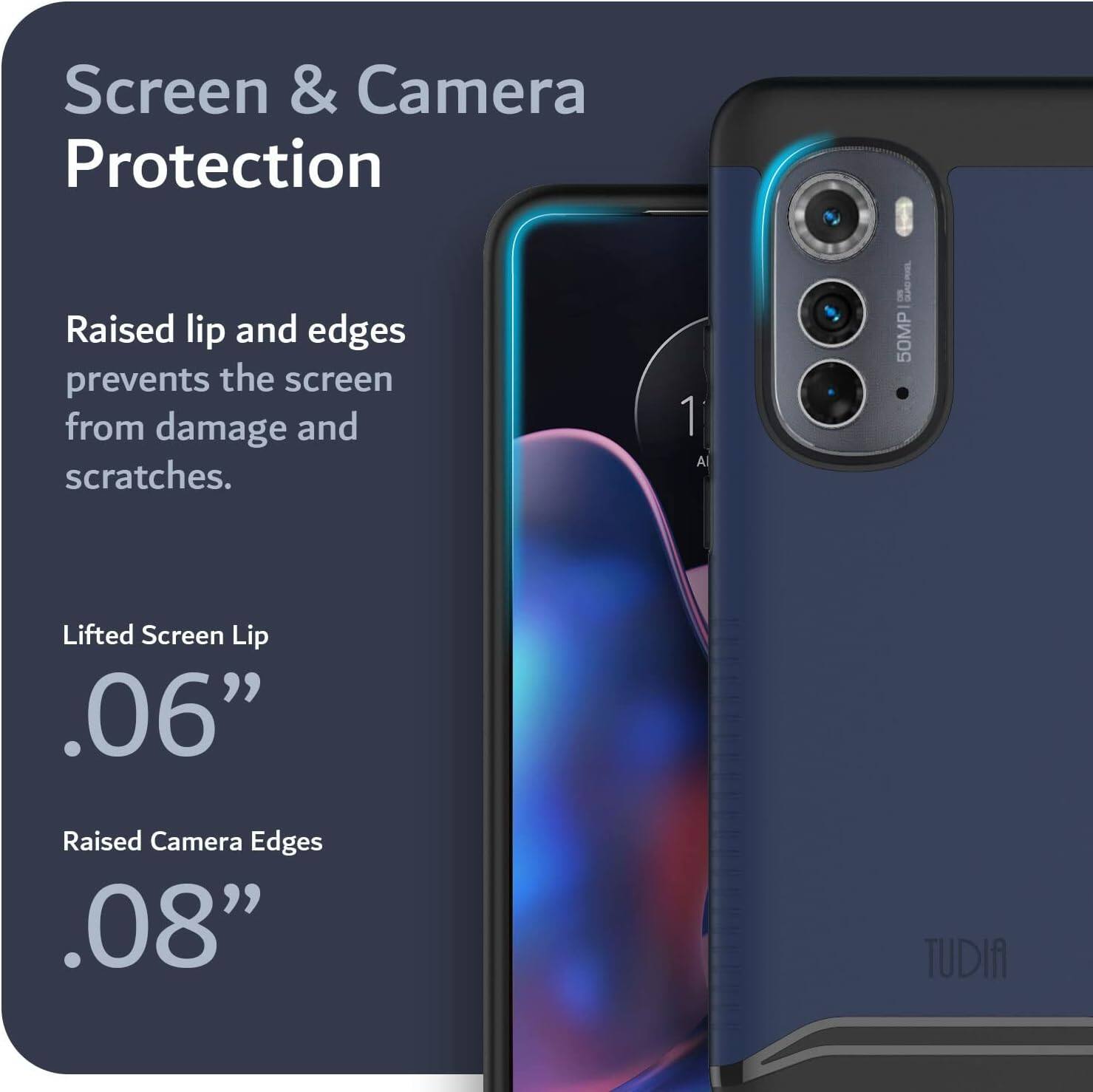 Screen & Camera Protection

Raised lip and edges prevent the screen from damage and scratches.

Lifted Screen Lip .06"
Raised Camera Edges .08"

1 Al 50MP

TUDIA
