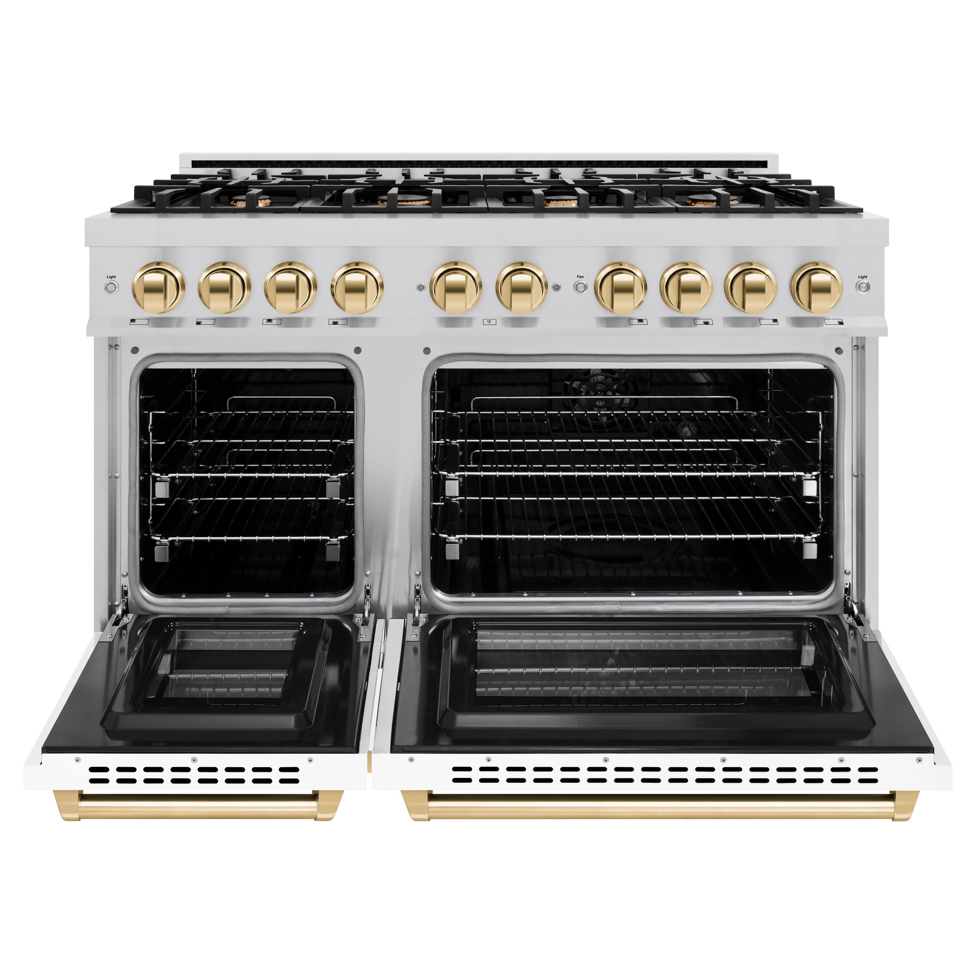 Left. ZLINE - ZLINE Autograph 48" Select Double Oven Dual Fuel Range w/ White & Gold Accents (HDRZ-WM-48-G) - White.