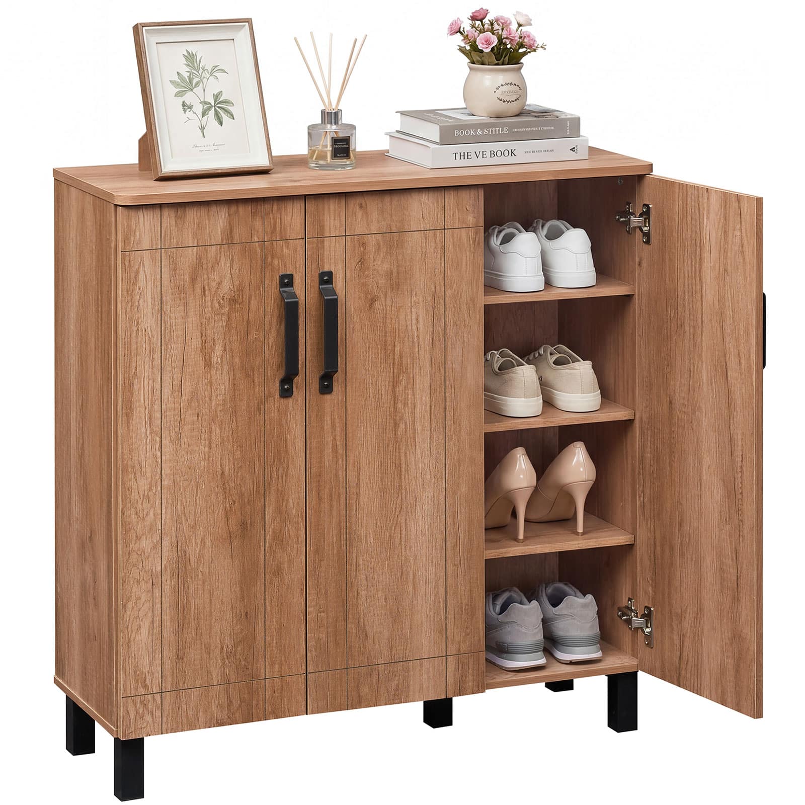 Gymax - 5-Tier Shoe Storage Cabinet w/3 Doors Removable Shelves & Ventilation Hole - Brown