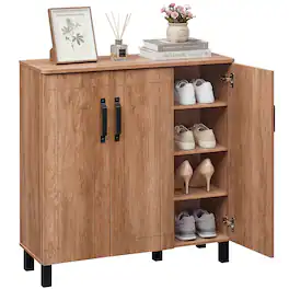 Gymax - 5-Tier Shoe Storage Cabinet w/3 Doors Removable Shelves & Ventilation Hole - Brown