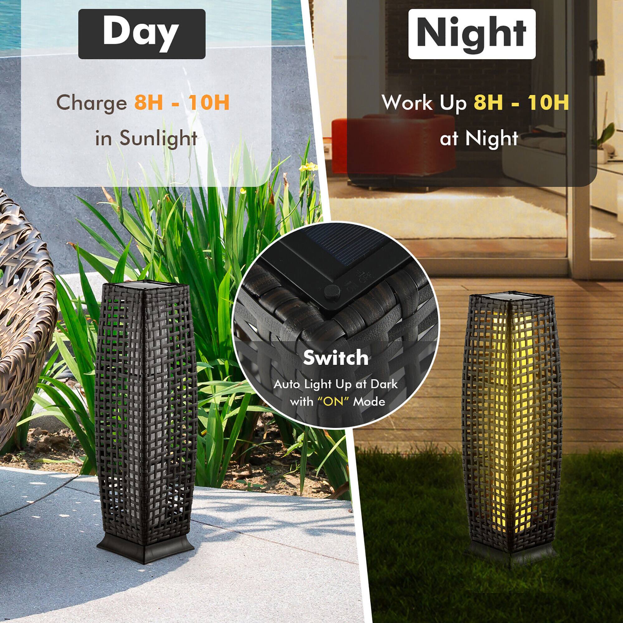 Day  
Charge 8H - 10H in Sunlight  

Night  
Work Up 8H - 10H at Night  

Switch  
Auto Light Up at Dark with "ON" Mode
