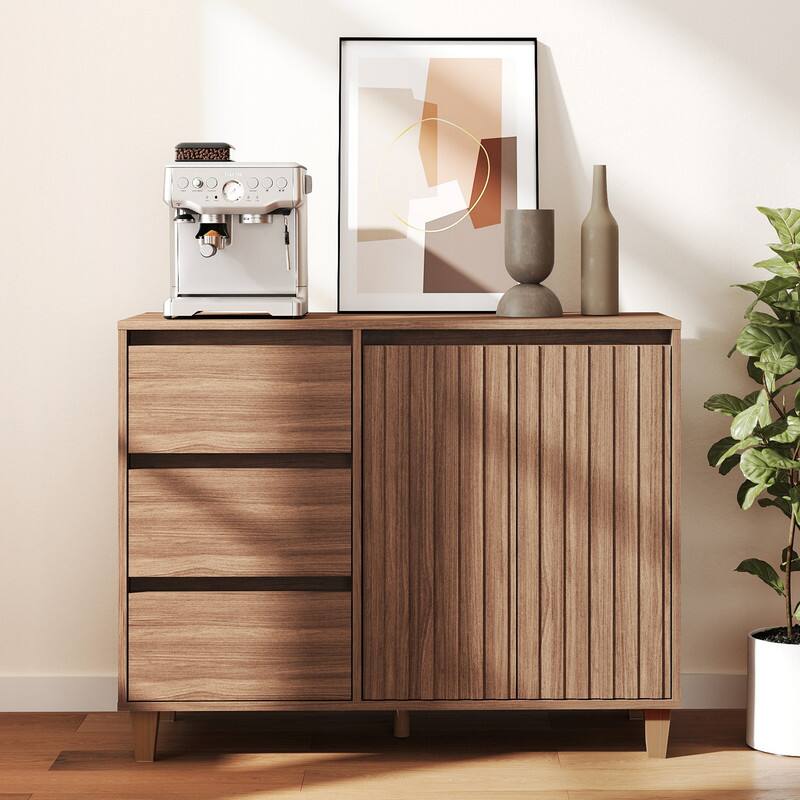 Front. Skyzoo - Skyzoo Buffet Sideboard with 3 Drawers & Adjustable Shelf, Farmhouse Kitchen Storage Cabinet - Walnut.