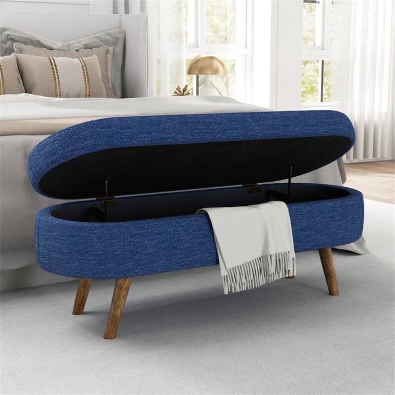 Back. HTUTWOO - 43.5" Ottoman Storage Bench - Oval Upholstered Linen Fabric Footrest Bench with Wood Legs, End of Bed for Living Room - Blue.