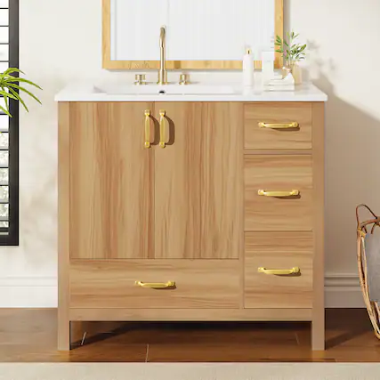 Front. Boyel Living - 36 Inch Bathroom Vanity with Ceramic Sink 2 Soft Close Doors 4 Soft Close Drawers Adjustable Shelf - Wood.