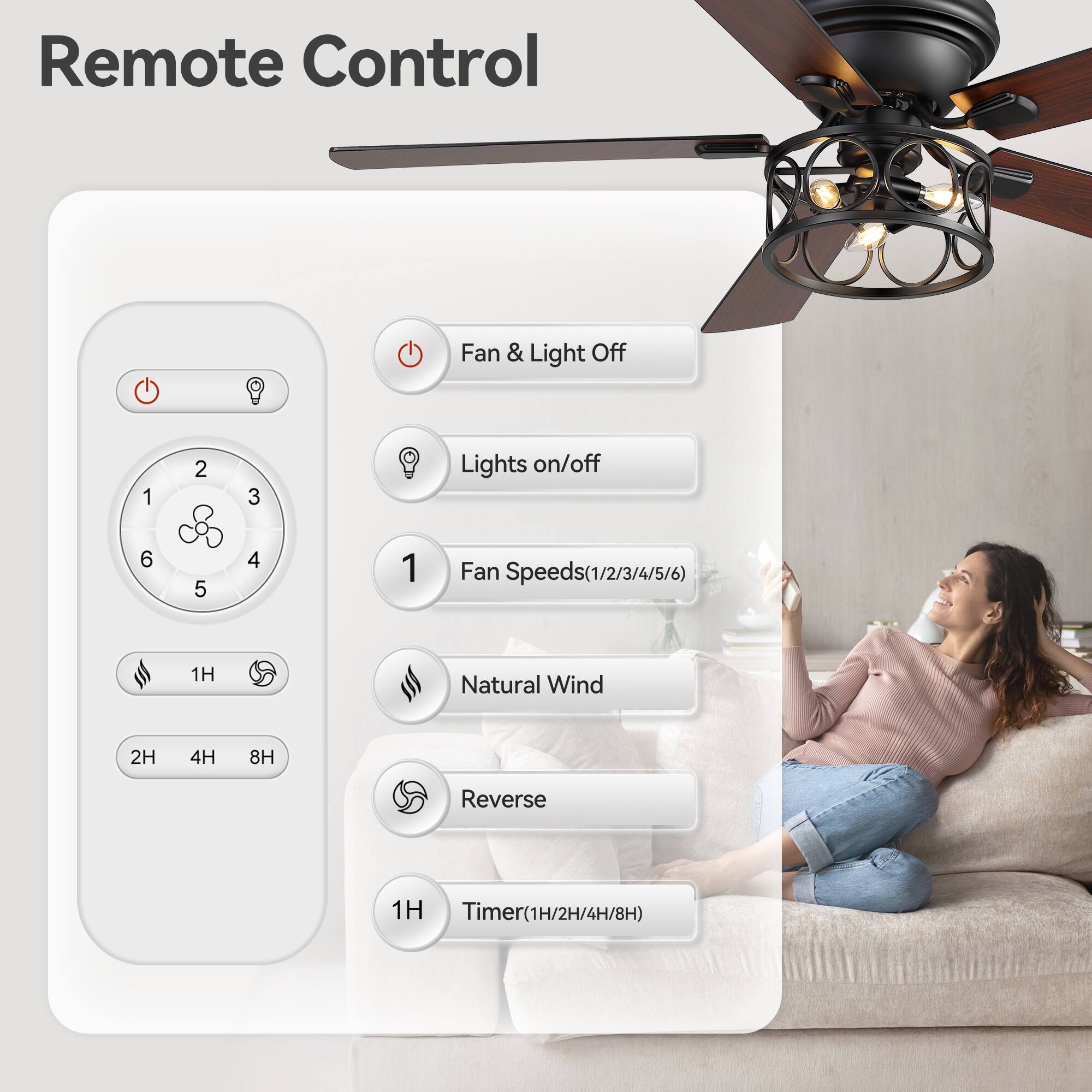 Remote Control

Fan & Light Off

Lights on/off

Fan Speeds (1/2/3/4/5/6)

Natural Wind

Reverse

Timer (1H/2H/4H/8H)