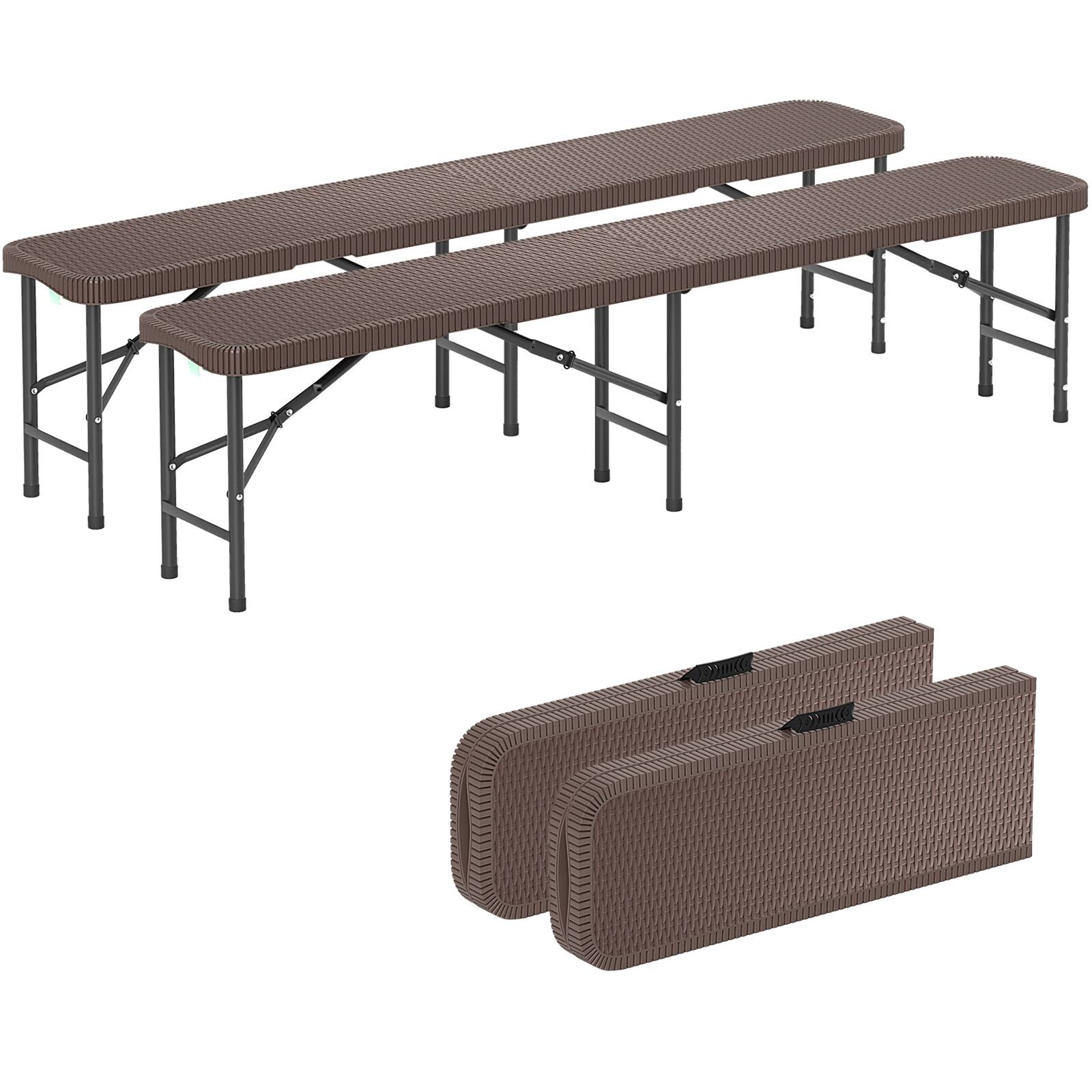 Gymax - Set Of 2 6FT Plastic Folding Bench w/ 1320 LBS Capacity Handle & Lock For Outdoor - Coffee