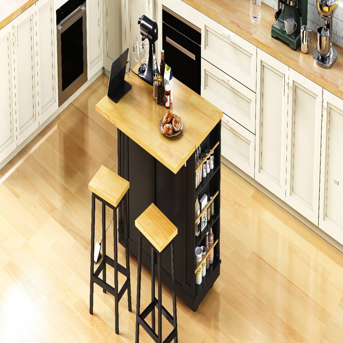 Back. Loheer - Loheer 48 inch Kitchen Island with Drop Leaf, Power Outlet and Rolling Kitchen Storage Cart, Black - Black.
