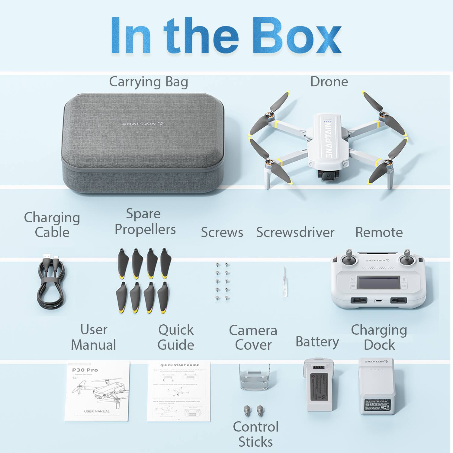 In the Box

- Carrying Bag
- Drone
- Charging Cable
- Spare Propellers
- Screws
- Screwsdriver
- Remote
- User Manual
- Quick Guide
- Camera Cover
- Battery
- Charging Dock
- Control Sticks