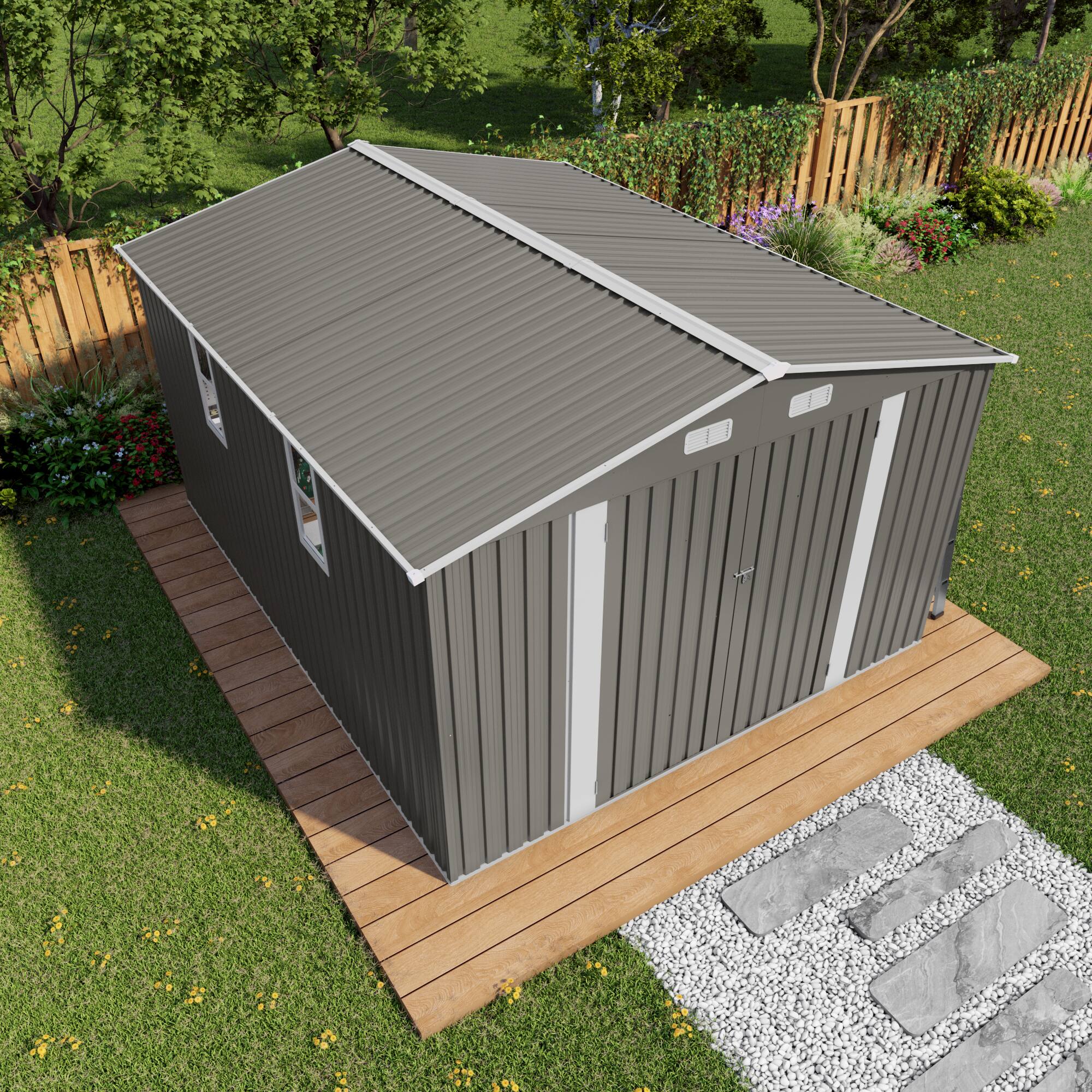 Left. Mondawe - 10x12FT Outdoor Large Metal Storage Shed with Double Door and Two Windows - Gray.
