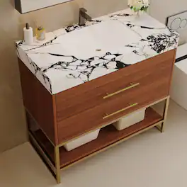 Loheer - 30 inch freestanding bathroom vanity with sintered stone top, walnut and gold - Walnut, Gold, White