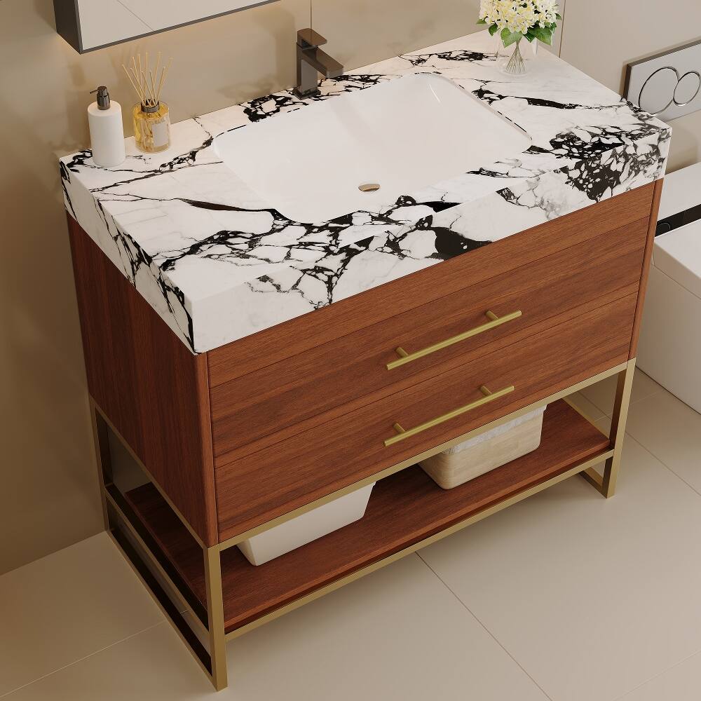 Loheer - 30 inch freestanding bathroom vanity with sintered stone top, walnut and gold - Walnut, Gold, White