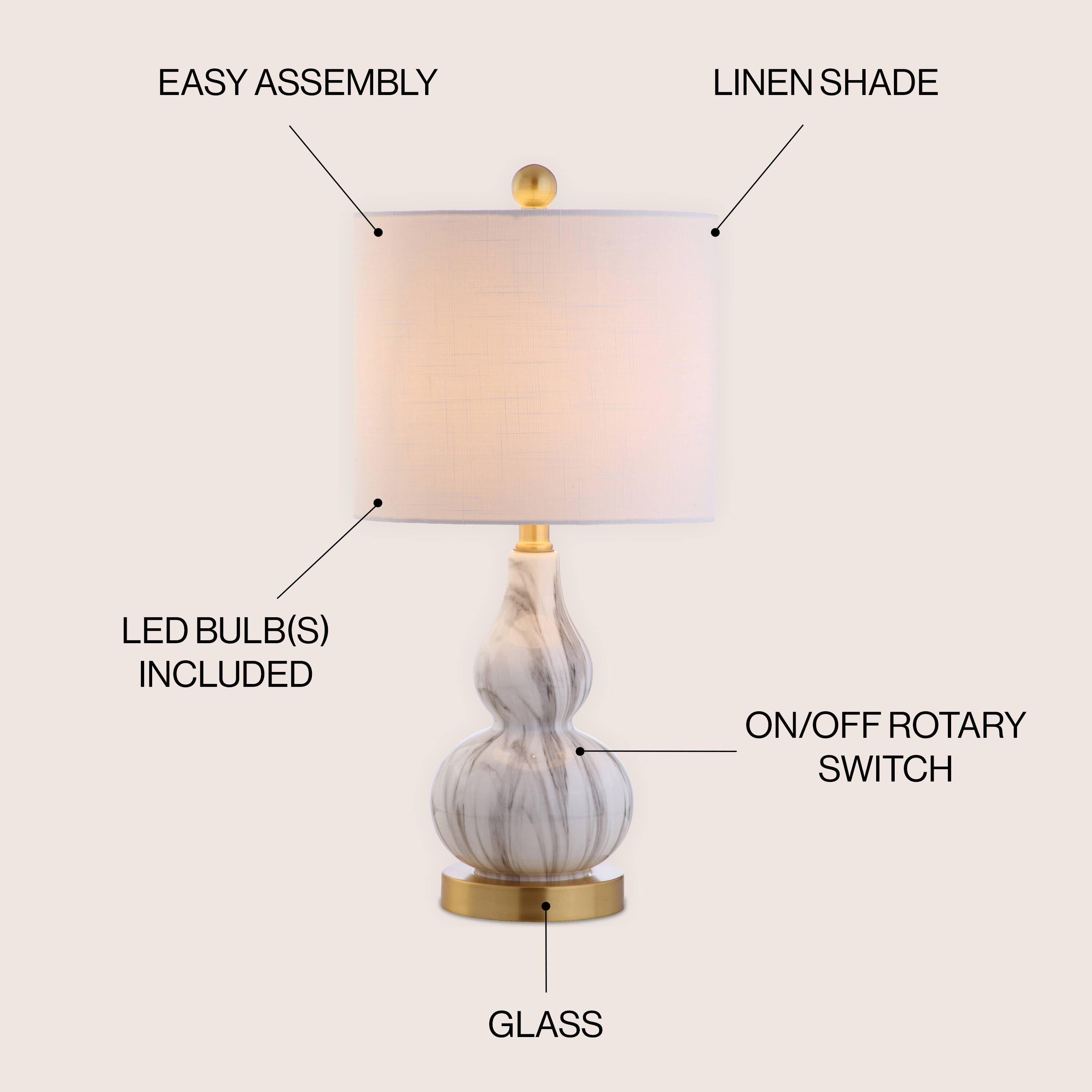 EASY ASSEMBLY  
LINEN SHADE  
LED BULB(S) INCLUDED  
ON/OFF ROTARY SWITCH  
GLASS