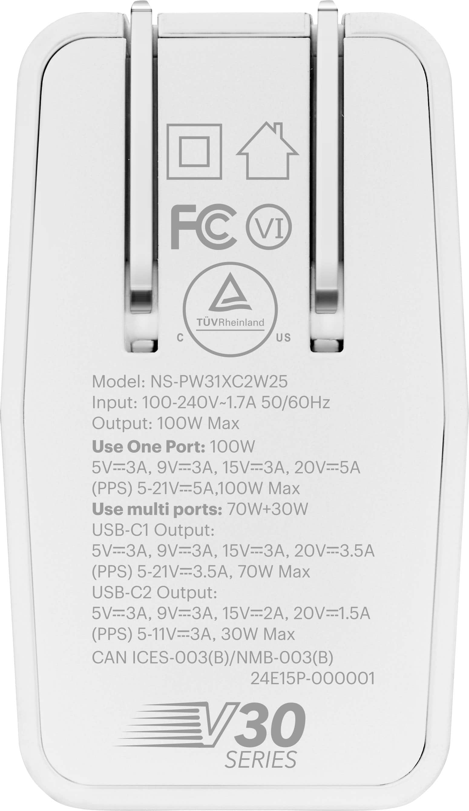 The text on the image is already grouped and correctly written. It reads:
"FC VI TVRheinland
US Model: NS-PW31XC2W25
Input: 100-240V~1.7A 50/60Hz
Output: 100W Max
Use One Port: 100W 5V-3A, 9V-3A, 15V-3A, 20V=5A (PPS) 5-21V=5A, 100W Max
Use multi ports: 70W+30W
USB-C1 Output: 5V-3A, 9V-3A, 15V-3A, 20V=3.5A (PPS) 5-21V=3.5A, 70W Max
USB-C2 Output: 5V=3A, 9V=3A, 15V=2A, 20V=1.5A (PPS) 5-11V=3A, 30W Max
CAN ICES-003(B)/NMB-003(B) 24E15P-000001 V30 SERIES"