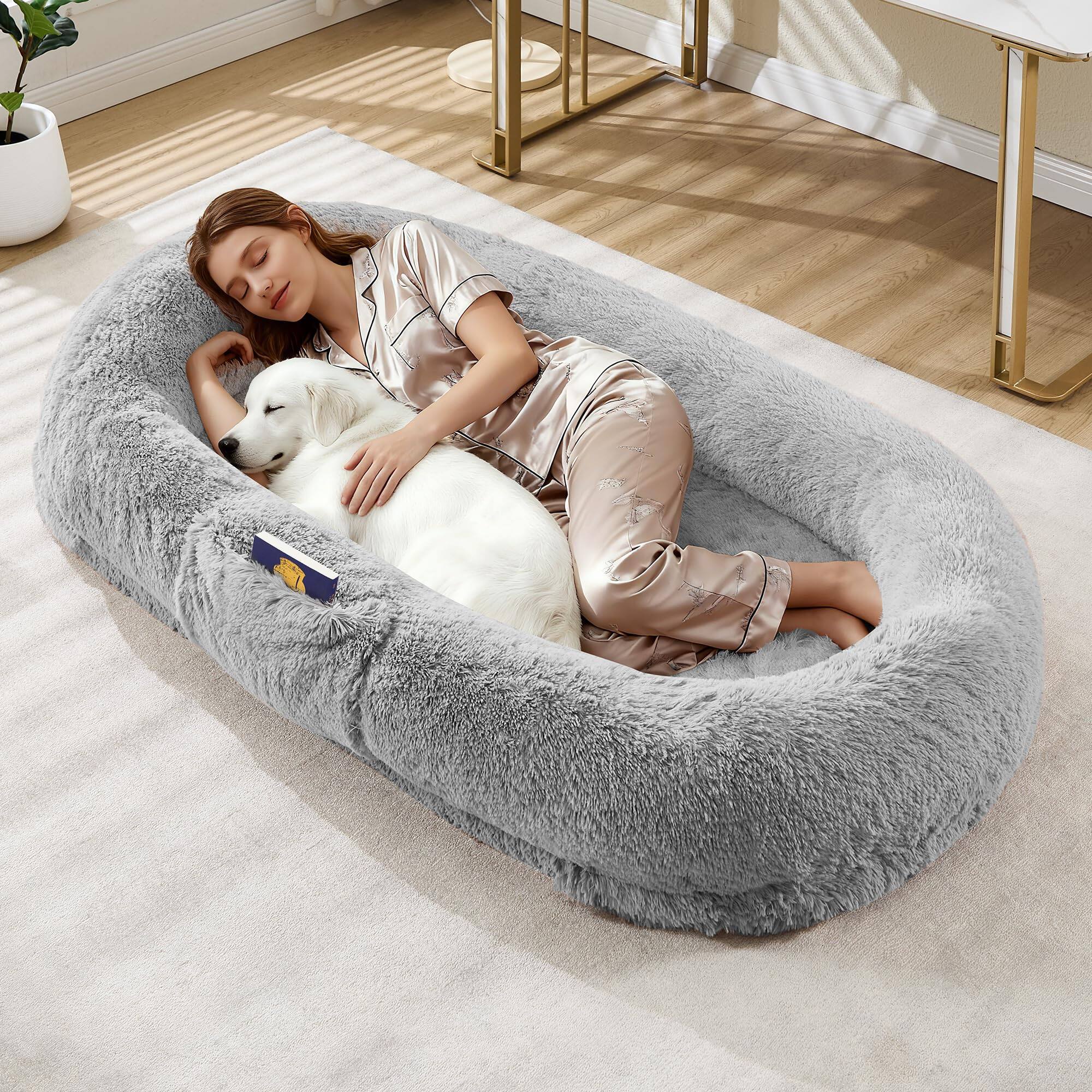 Jojoka - 65" Human Dog Bed with Faux Fur, Egg-Crate Orthopedic Foam, Removable Cover, Handle & Side Pocket for Adults & Pets - Light Gray