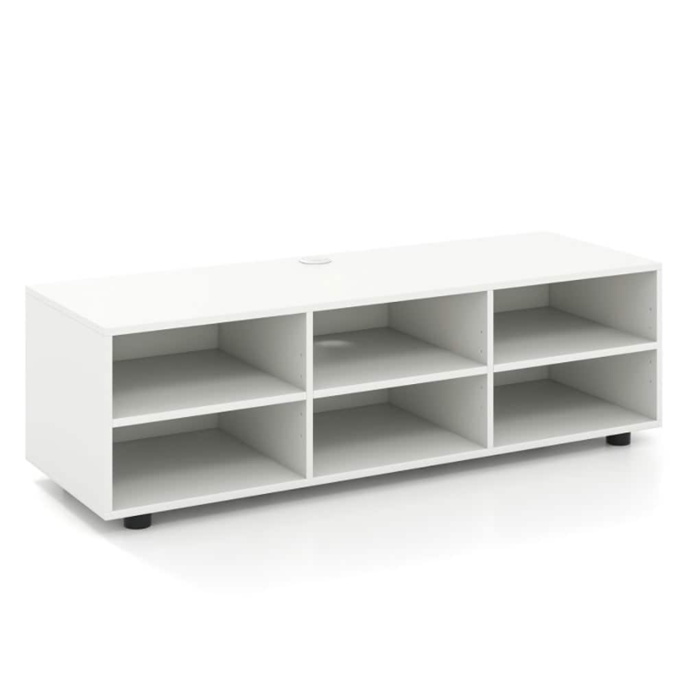 Pefilos - TV Stand for TV up to 55 Inch with 6 Storage Compartments- Mid Century Modern TV Stand for Living Room Bedroom - White