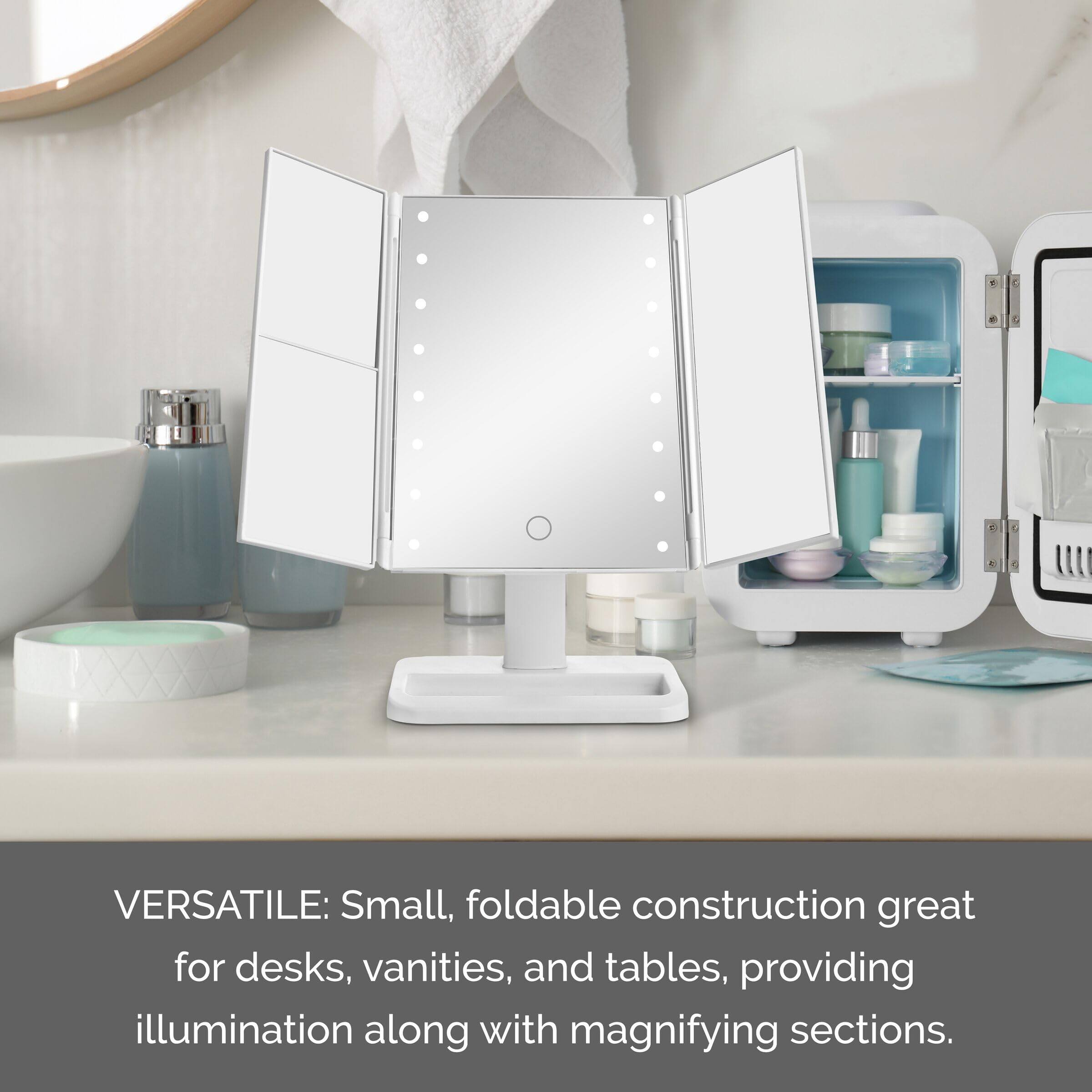 VERSATILE: Small, foldable construction great for desks, vanities, and tables, providing illumination along with magnifying sections.