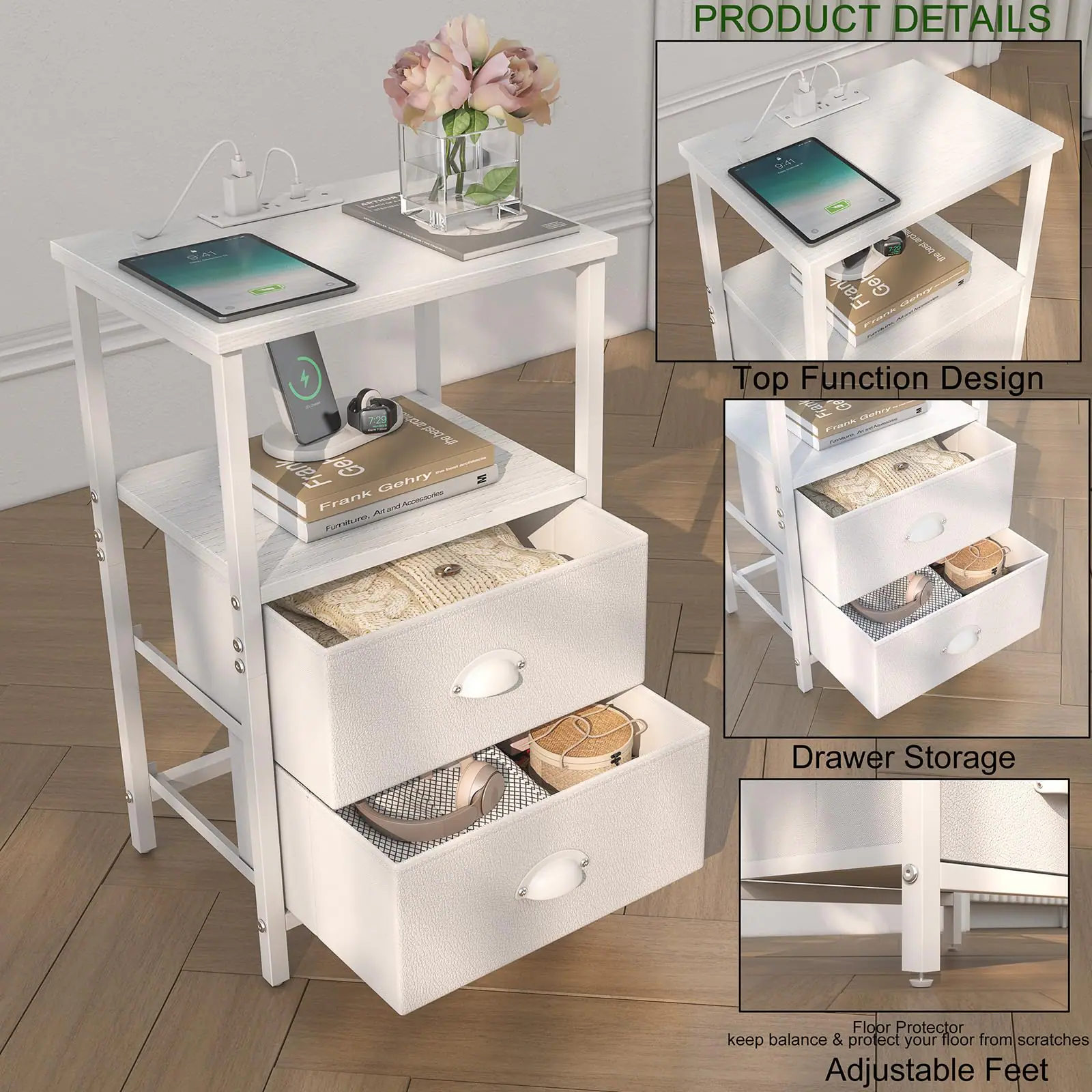 **PRODUCT DETAILS**

- **Top Function Design**
- **Drawer Storage**
- **Floor Protector**
- **Adjustable Feet**

*keep balance & protect your floor from scratches*