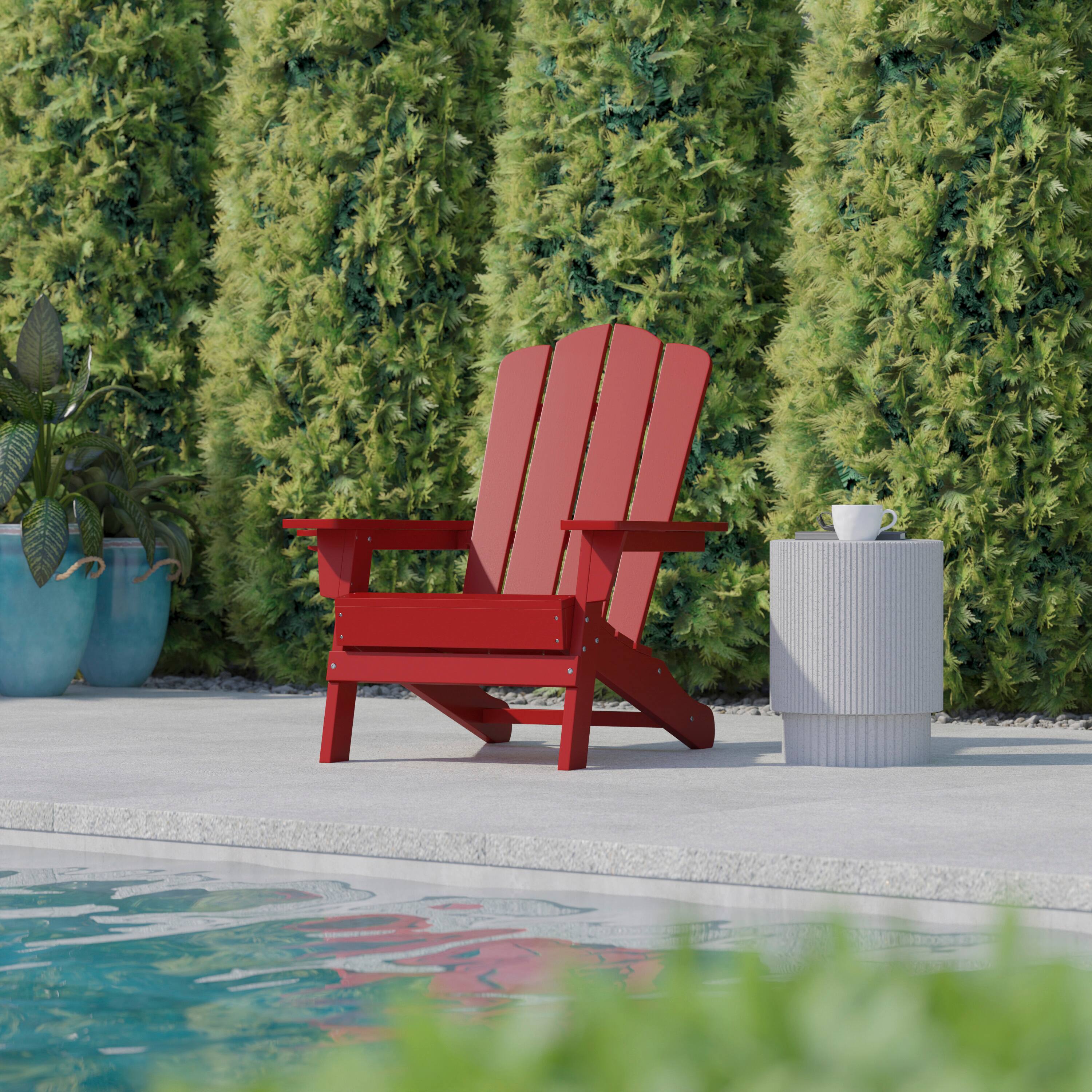 Alt View 2. Flash Furniture - Newport Adirondack Chair with Cup Holder, Weather Resistant HDPE Adirondack Chair in Red - Red.