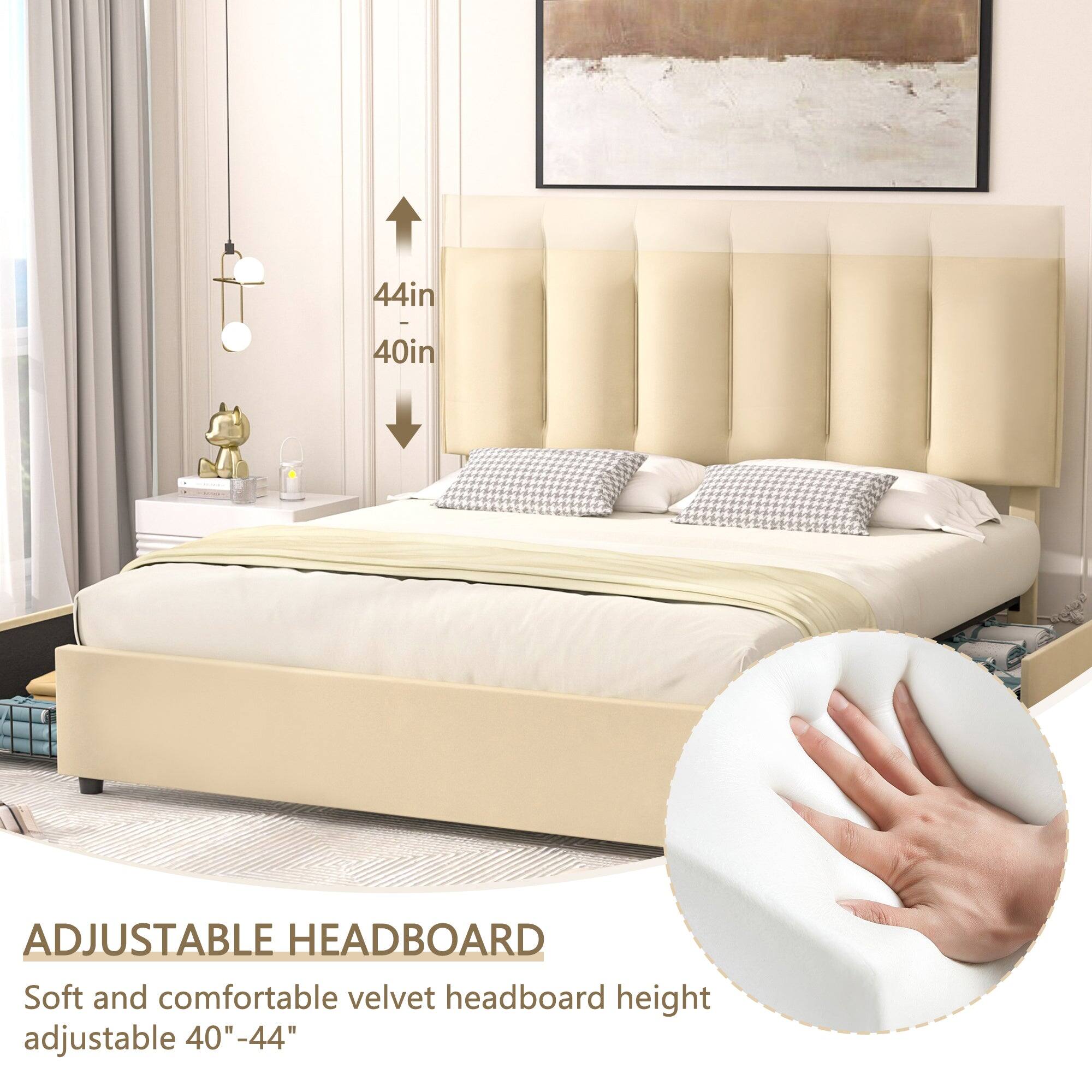 44in - 40in ADJUSTABLE HEADBOARD  
Soft and comfortable velvet headboard height adjustable 40"-44"