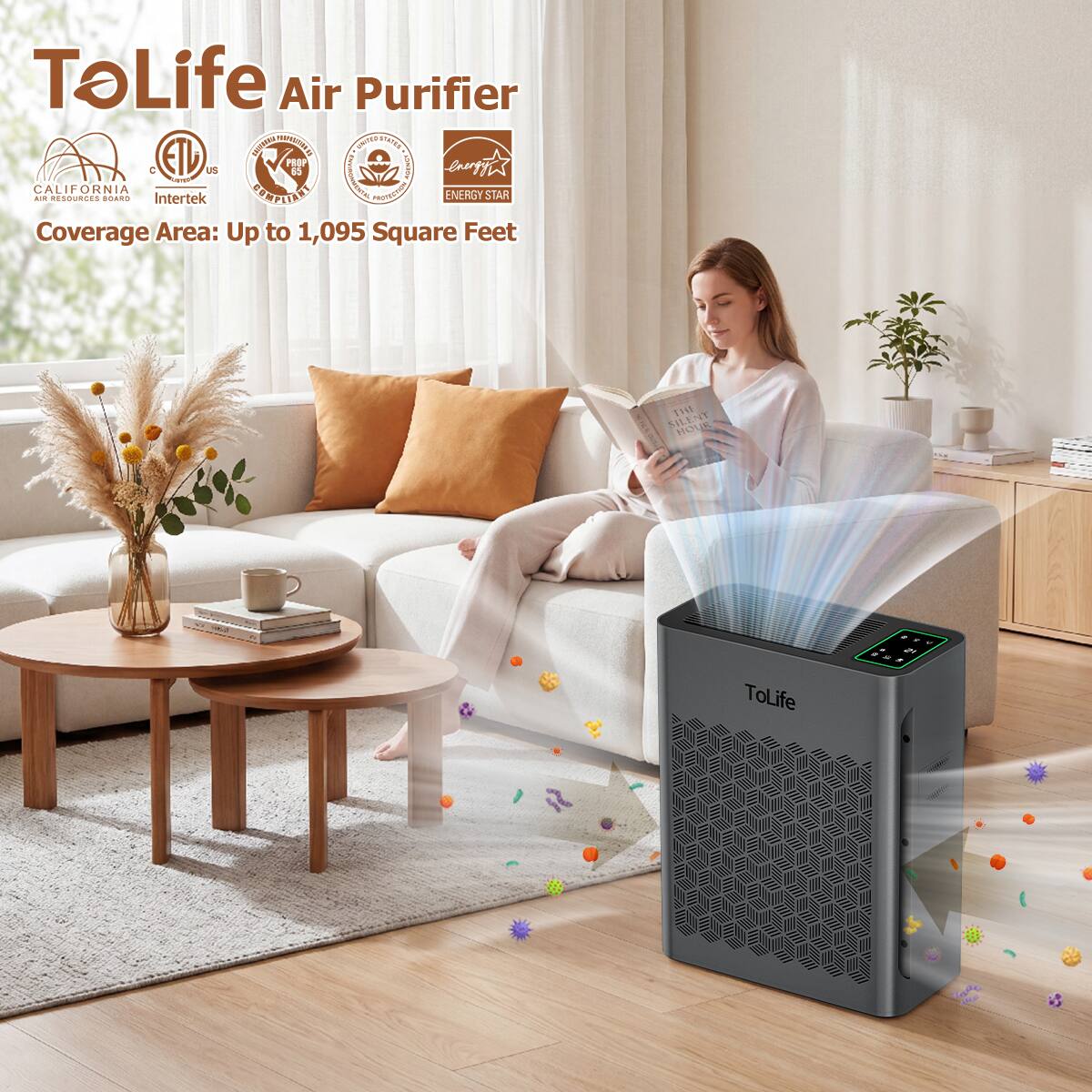 TaLife Air Purifier  
KAFFEEZ  
EXPECTATION  
RES UNITERSTATED  
PROP COMPANY  
C US  
65  
laurstw  
AIR  
CALIFORNIA  
RESOURCES  
BOARD  
Intertek  
POLICIAL  
INVONMENTAL  
PROTECTION  
ENERGY STAR  
Coverage Area: Up to 1,095 Square Feet  
THE SILENT HOUR  
ToLife