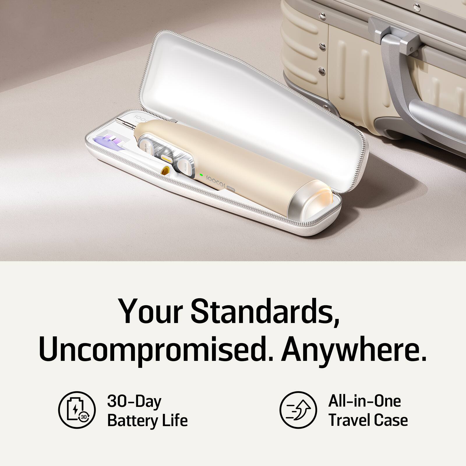 Your Standards, Uncompromised. Anywhere.

30-Day Battery Life

All-in-One Travel Case