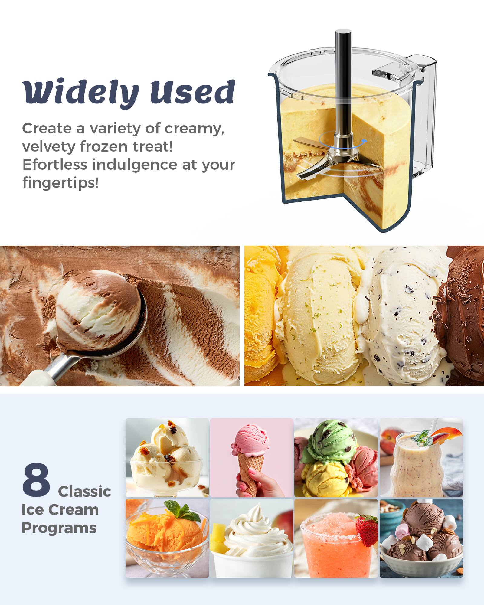Widely Used  
Create a variety of creamy, velvety frozen treat! Effortless indulgence at your fingertips!  

8 Classic Ice Cream Programs