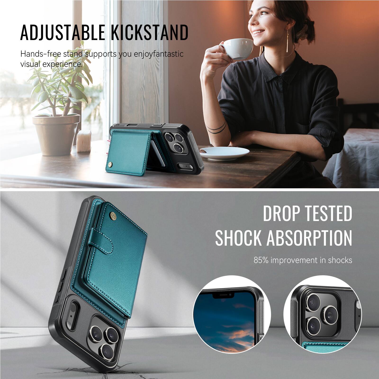 ADJUSTABLE KICKSTAND  
Hands-free stand supports you enjoy fantastic visual experience.

DROP TESTED SHOCK ABSORPTION  
85% improvement in shocks